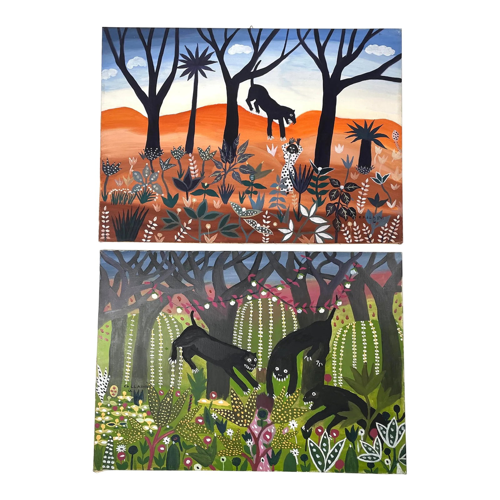 Pair of Italian Folk Art Paintings Featuring Panther Cats - Signed Callaini G.: Sourced from Turin, Italy - A Pair of Italian Folk Art Paintings Featuring Panther Cats and panther woman - Signed Callaini G. Unframed. So much character. Couldn't leave them behind. Condition:
