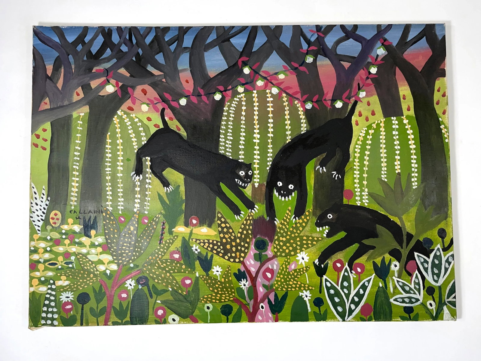 Pair of Italian Folk Art Paintings Featuring Panther Cats - Signed Callaini G. - 2