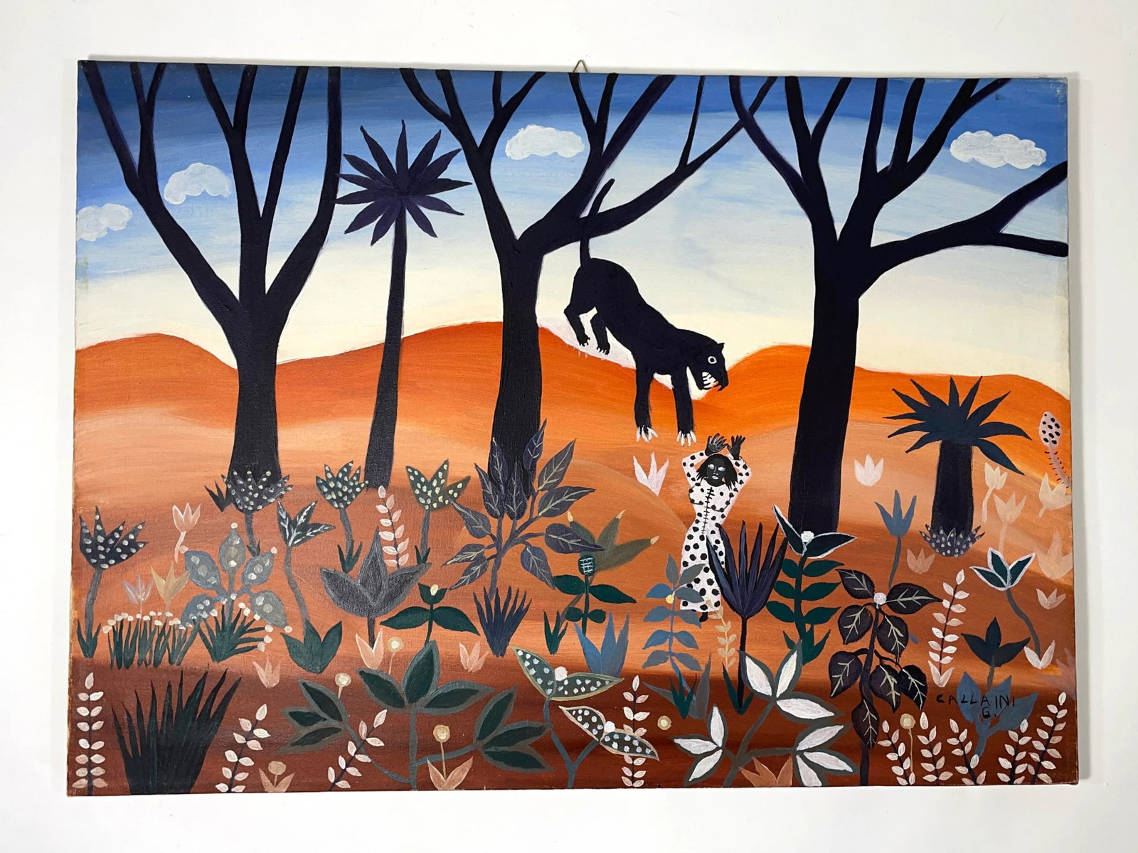 Pair of Italian Folk Art Paintings Featuring Panther Cats - Signed Callaini G. - 3
