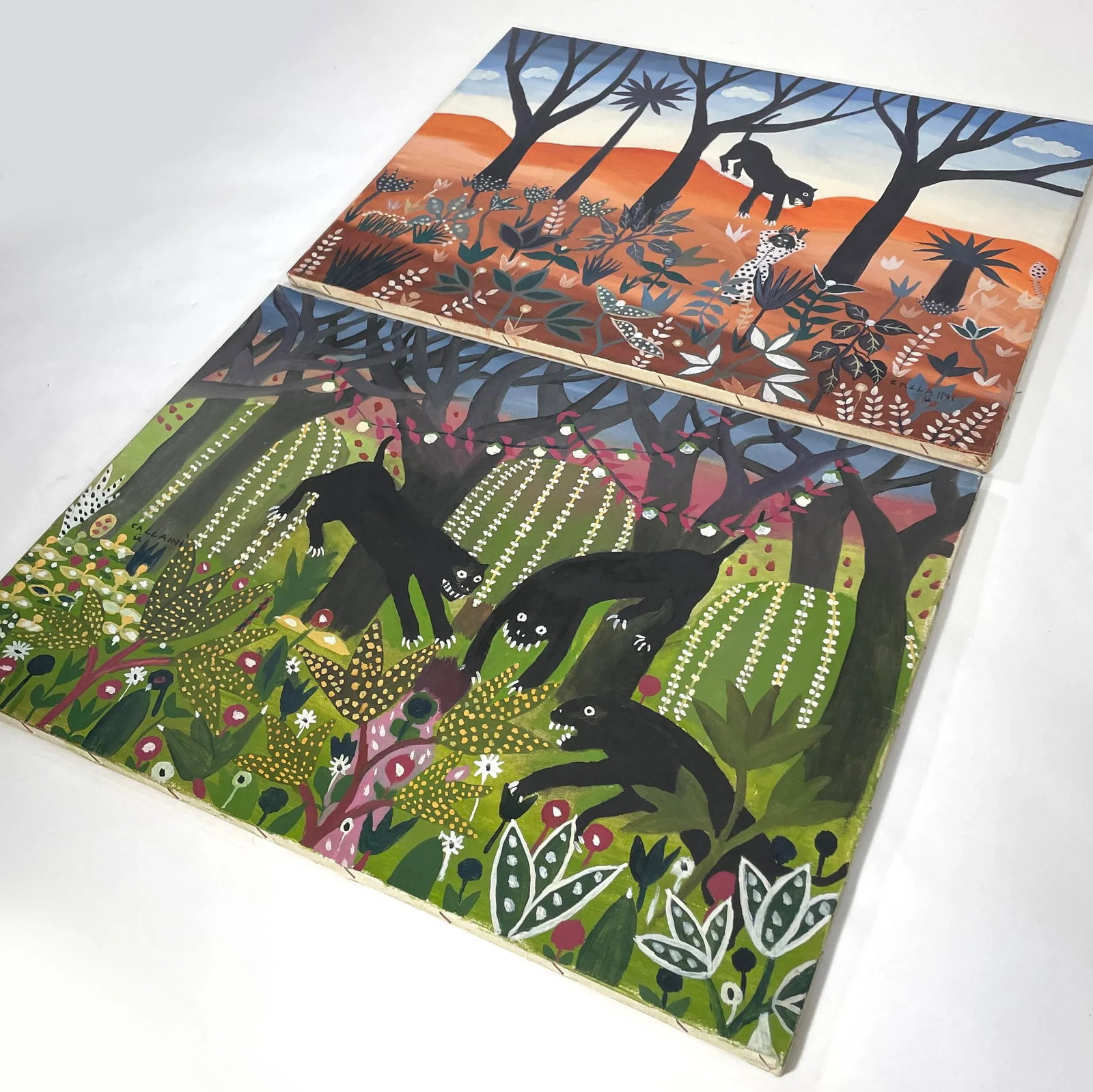 Pair of Italian Folk Art Paintings Featuring Panther Cats - Signed Callaini G. - 6