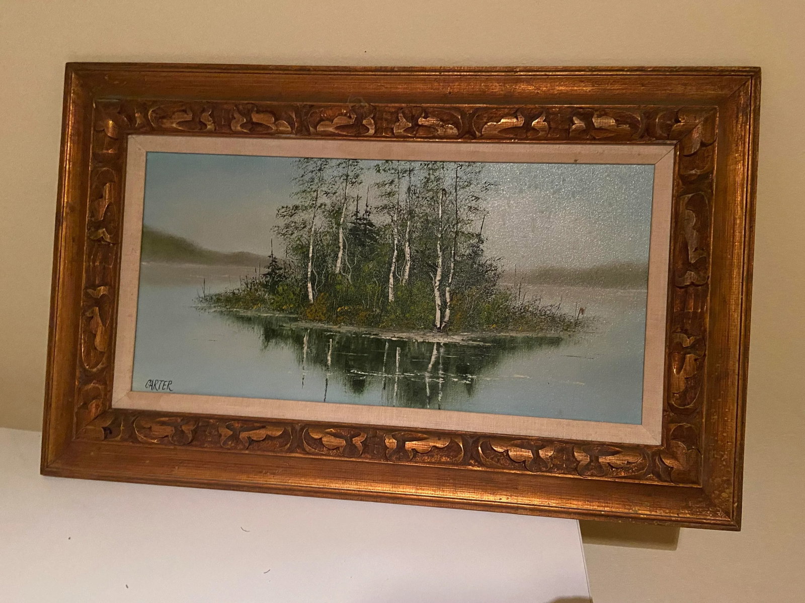 1960s Lake Scene with Trees Original Oil Painting on Canvas Signed Carter, Framed - 10