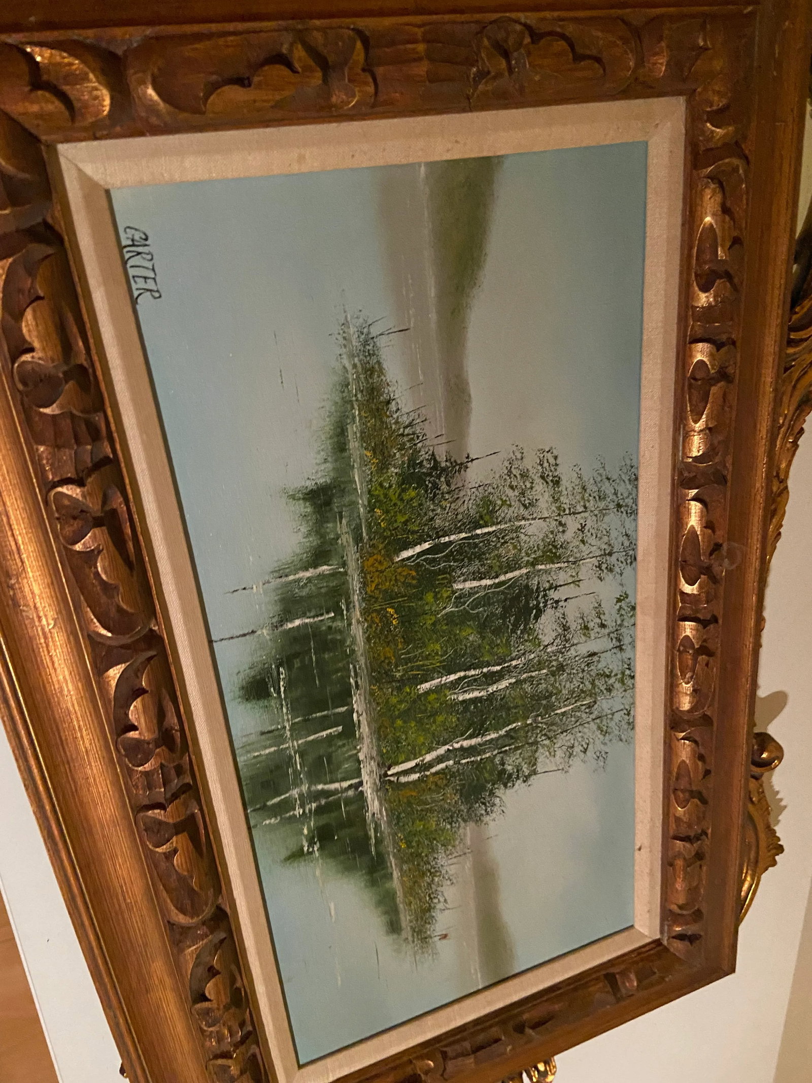 1960s Lake Scene with Trees Original Oil Painting on Canvas Signed Carter, Framed - 11