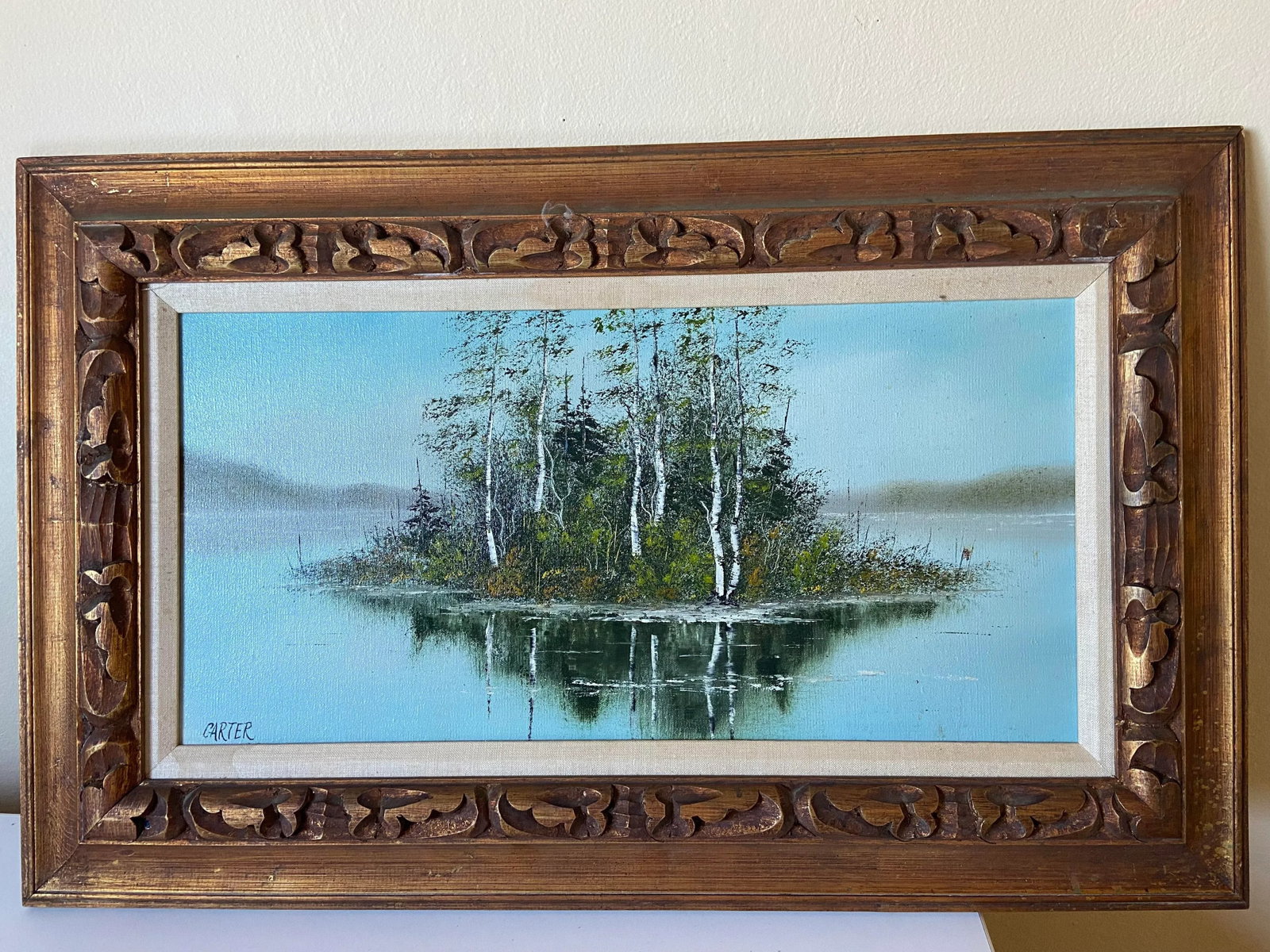 1960s Lake Scene with Trees Original Oil Painting on Canvas Signed Carter, Framed - 12