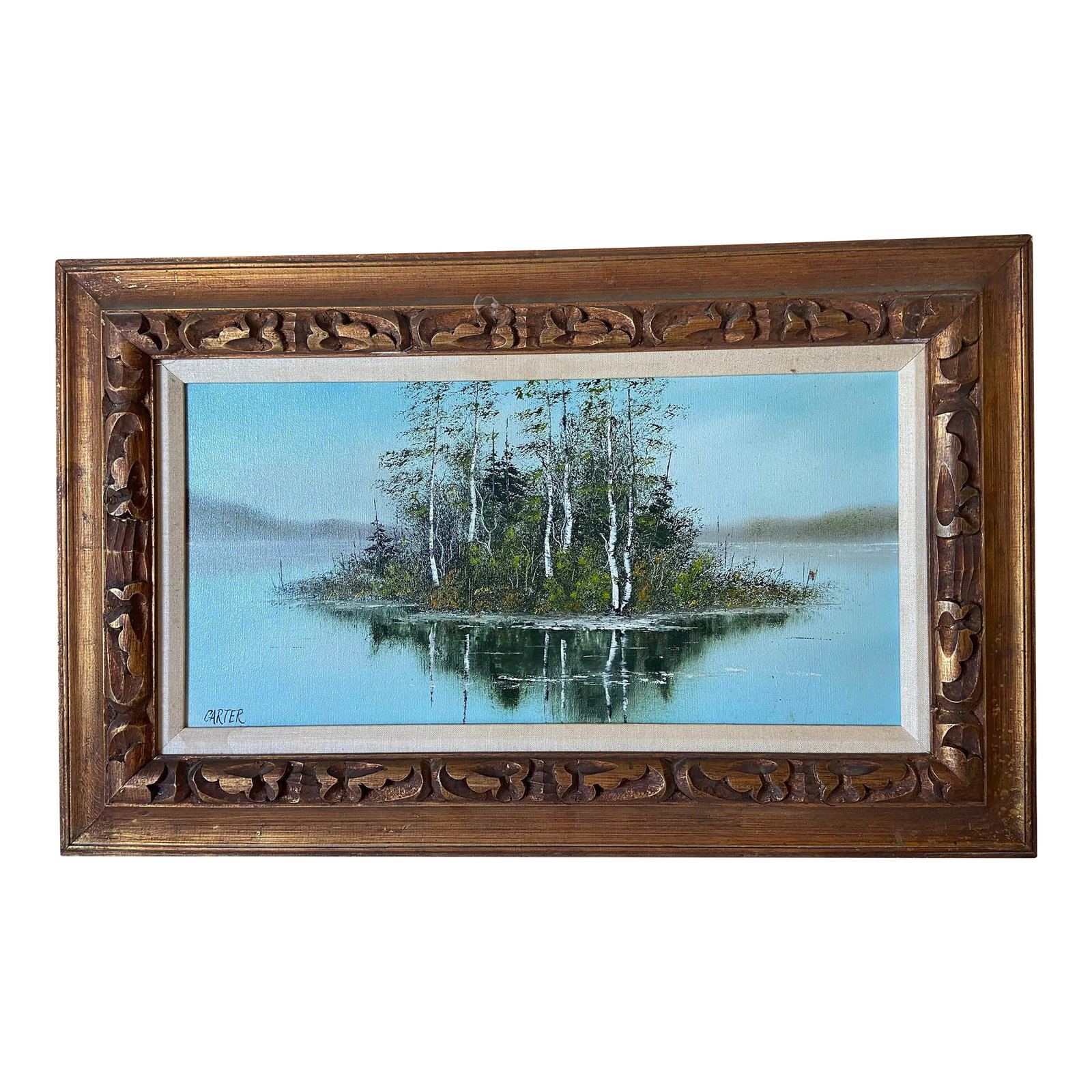 1960s Lake Scene with Trees Original Oil Painting on Canvas Signed Carter, Framed: Carter signed mid century modern oil on canvas painting it does have some spots at the back area original condition could use a good cleaning. Condition: Alterations: Original Condition Unaltered Impe