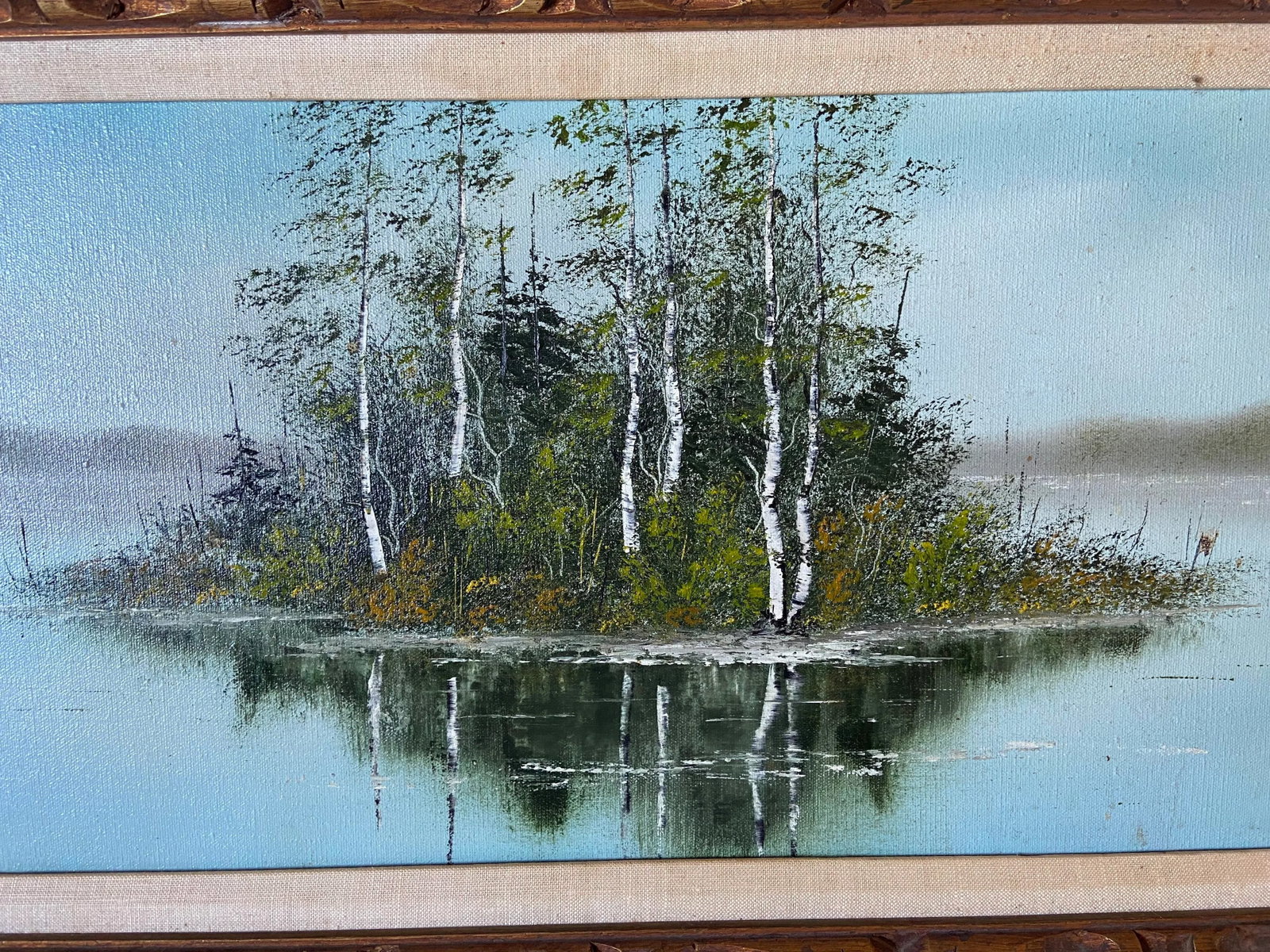 1960s Lake Scene with Trees Original Oil Painting on Canvas Signed Carter, Framed - 4