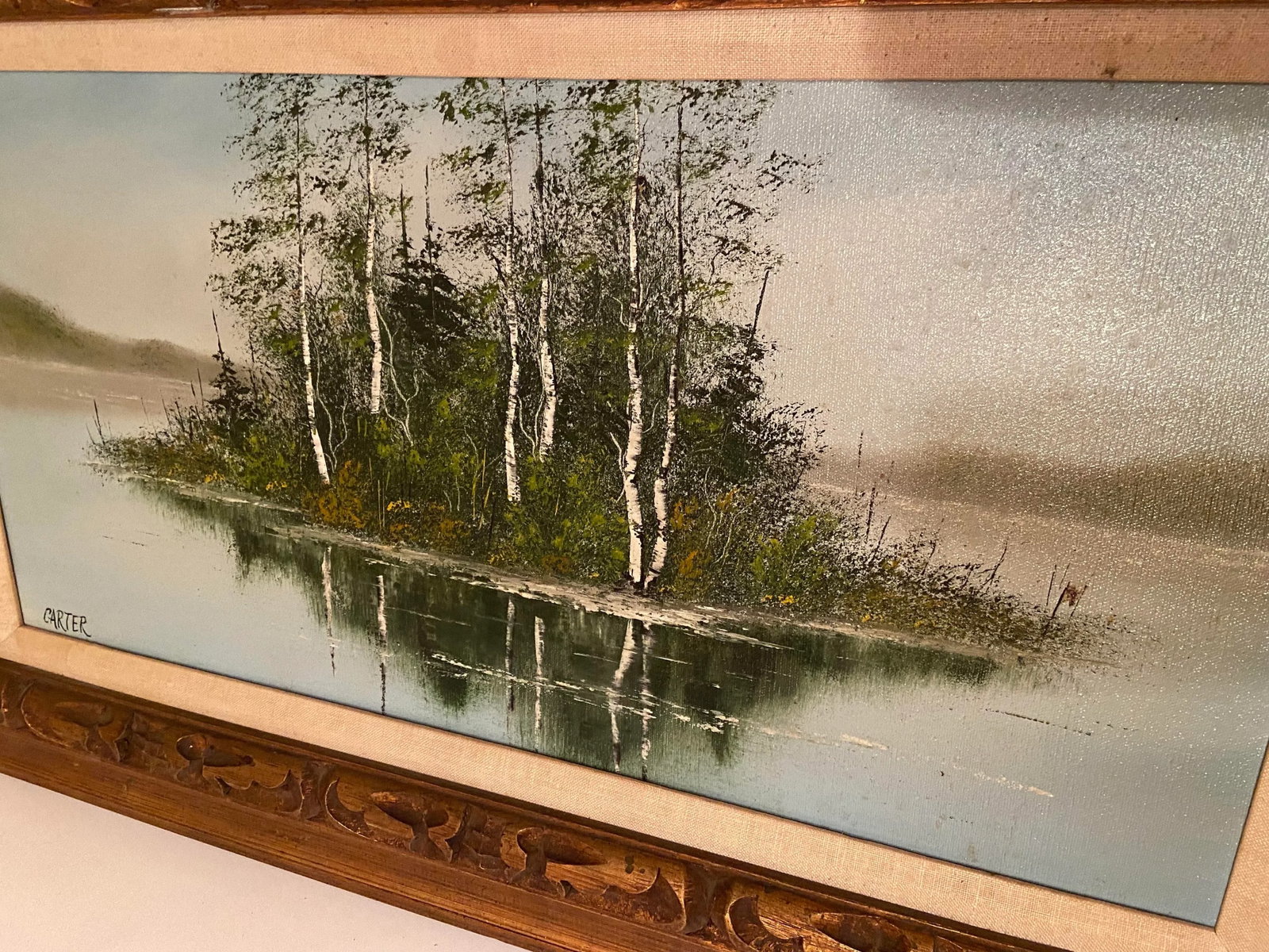 1960s Lake Scene with Trees Original Oil Painting on Canvas Signed Carter, Framed - 6