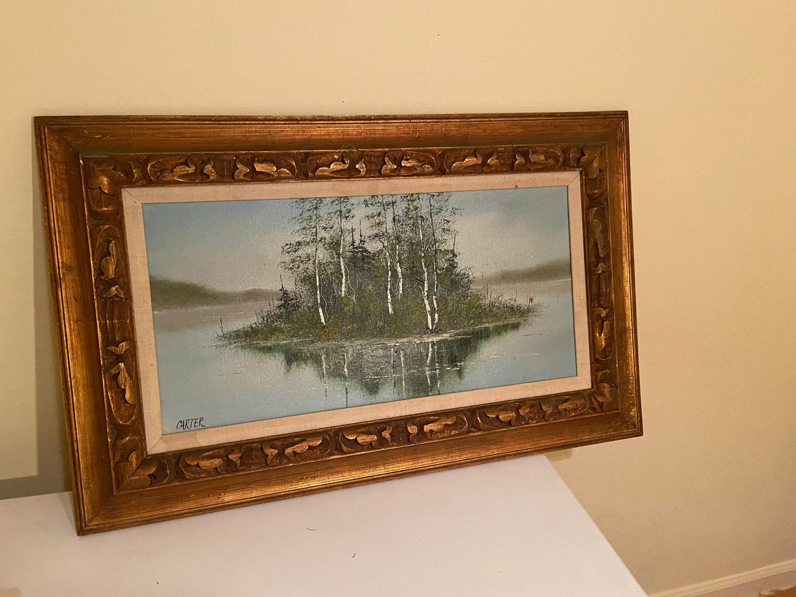 1960s Lake Scene with Trees Original Oil Painting on Canvas Signed Carter, Framed - 8