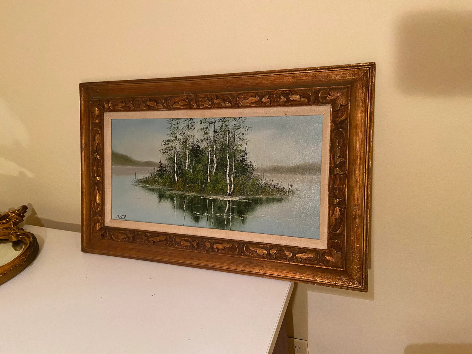 1960s Lake Scene with Trees Original Oil Painting on Canvas Signed Carter, Framed - 9