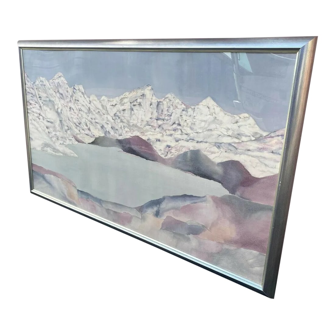 Signed Gillian Carnegie Landscape Mountain Lake Watercolor: Magical work by gillian carnegie, signed framed behind plexiglass massive frame has some imperfections smoke free/pet free home Condition: Alterations: Original Condition Unaltered Imperfections: Some