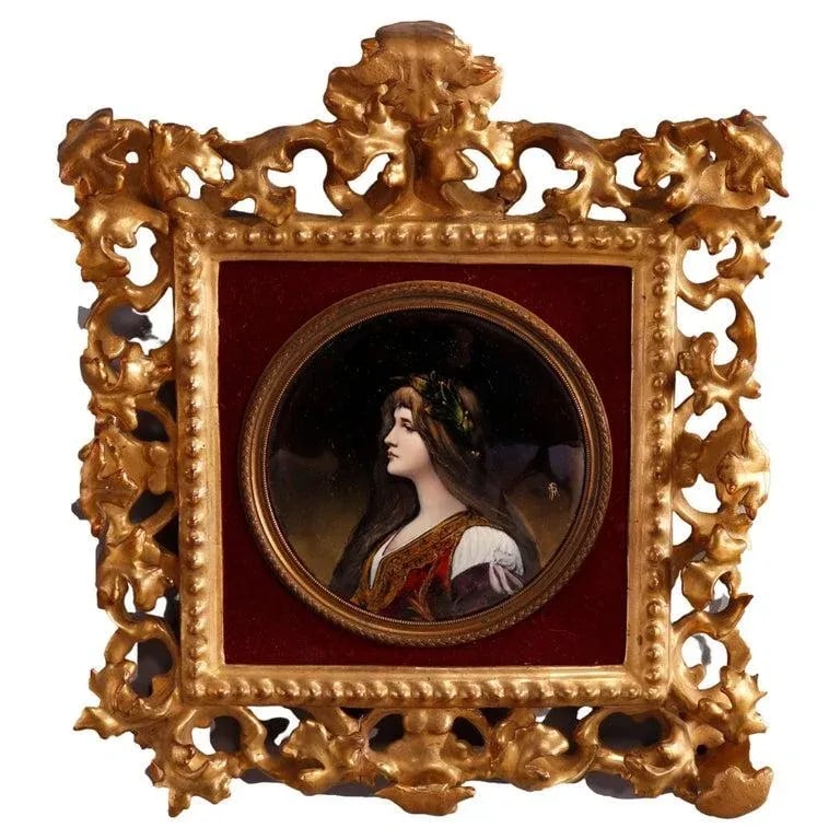 Antique Italian Enamel on Copper Portrait of Classical Woman in Giltwood Frame - 13
