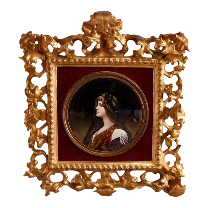 Antique Italian Enamel on Copper Portrait of Classical Woman in Giltwood Frame: An antique Italian painting offers enamel on copper portrait of a Classical woman seated in reticulated foliate giltwood frame, artist signed with initials as photographed, 19th century Measures -