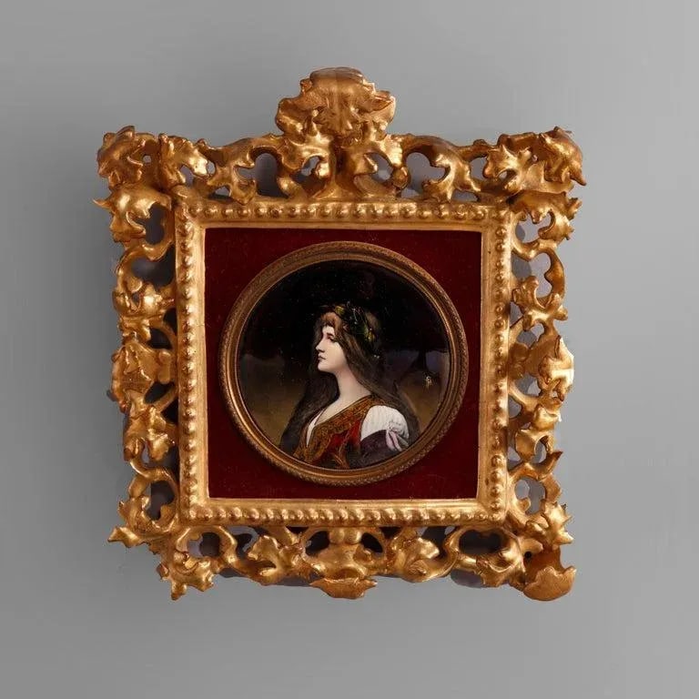 Antique Italian Enamel on Copper Portrait of Classical Woman in Giltwood Frame - 2