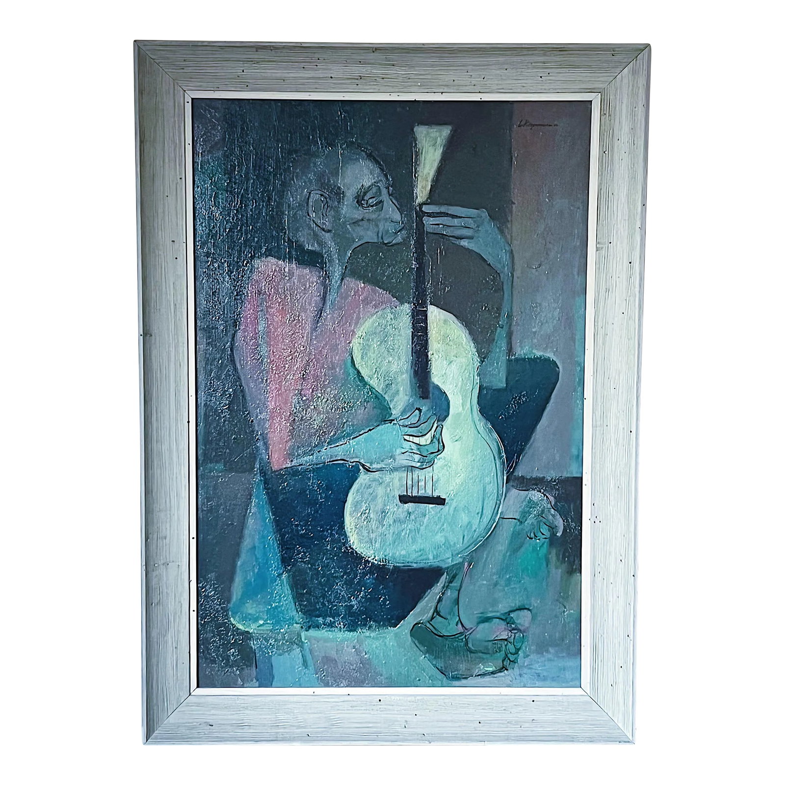 Mid-Century Oil Painting Depicting Musician Guitar by Leonard (Len) Poteshman, Framed: Mid-Century Oil Painting Depicting Musician Guitar by Leonard (Len) Poteshman, Framed Late California based artist (1925 - 2014), featured in several museums and galleries across the US and Europe. Me