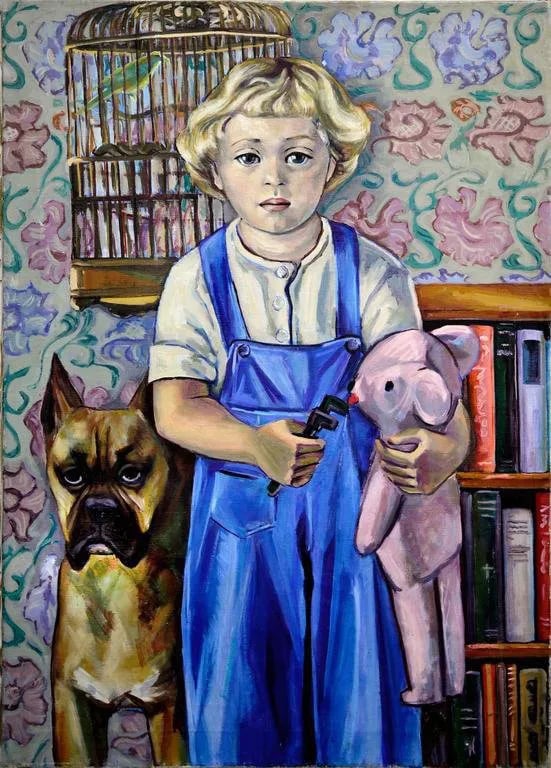 Playmates: Oil on Linen painting of her son, Ray Rogers, by listed California artist Virginia Sevier Rogers (American, 1916-2015). Signed on verso with her monogram "VSR" (the line for the R is the "S"), Dated