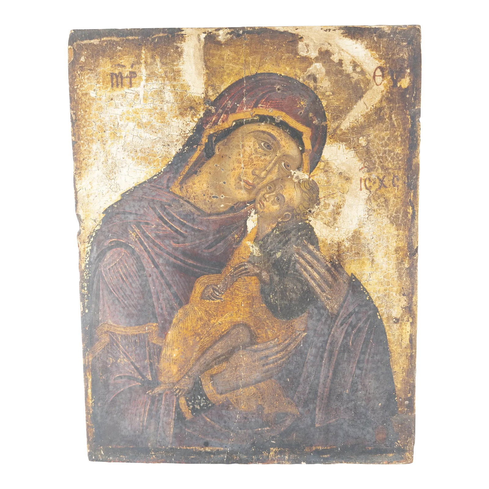 16th Century Veneto-Cretan School Christian Icon of Mother of God Elousa: We are selling this very finely painted Veneto-Cretan school Mother of God Elousa Christian Icon. This beautiful Icon has very finely painted Mother of God and the Child on thick wood panel. The