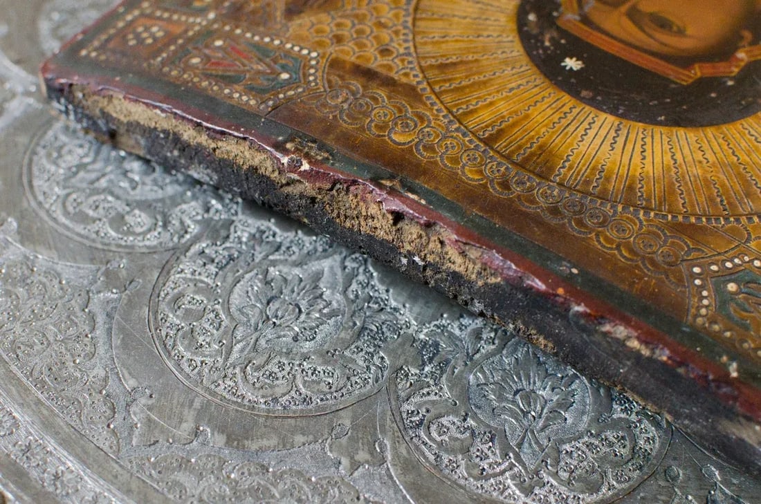 Antique Early 1800s Original Russian Icon Hand Painted Annunciation Our Lady of Kazan Madonna and Je - 10