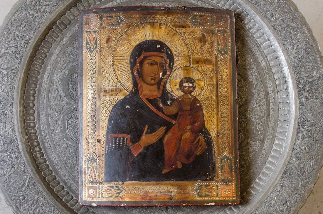 Antique Early 1800s Original Russian Icon Hand Painted Annunciation Our Lady of Kazan Madonna and Je - 11