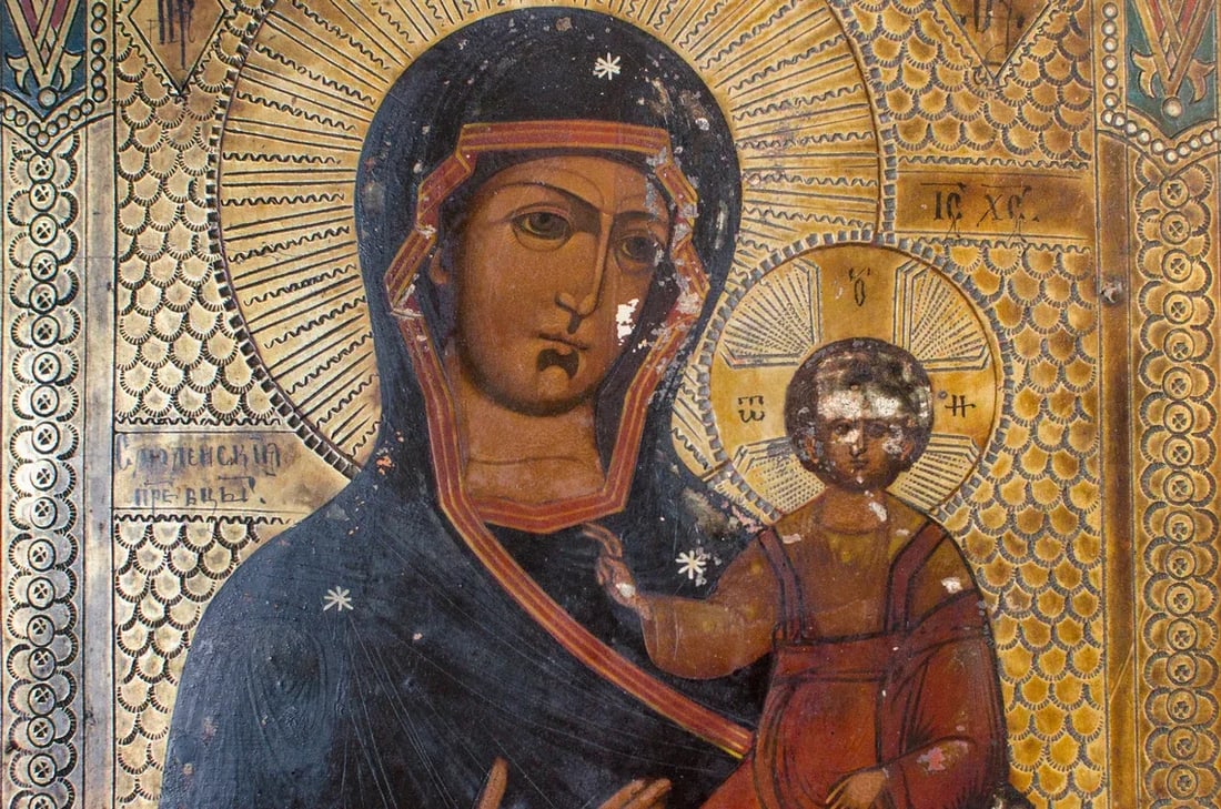 Antique Early 1800s Original Russian Icon Hand Painted Annunciation Our Lady of Kazan Madonna and Je - 3