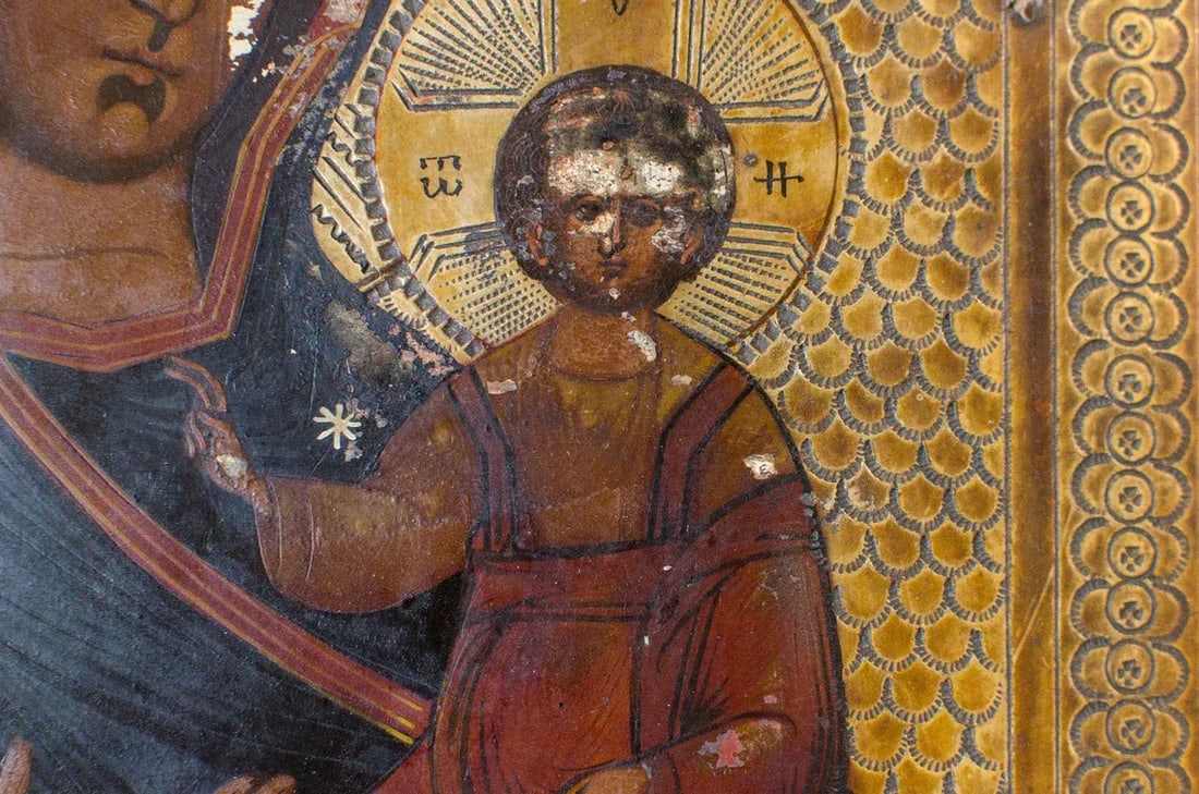 Antique Early 1800s Original Russian Icon Hand Painted Annunciation Our Lady of Kazan Madonna and Je - 4