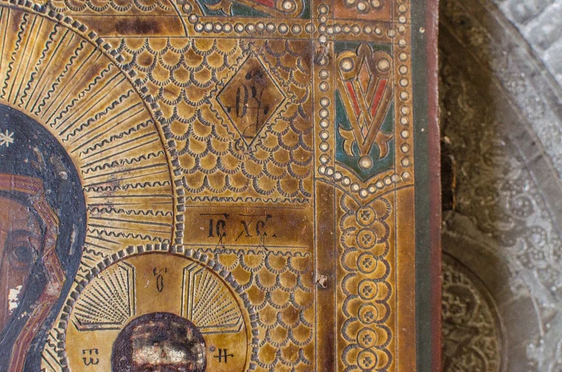 Antique Early 1800s Original Russian Icon Hand Painted Annunciation Our Lady of Kazan Madonna and Je - 8