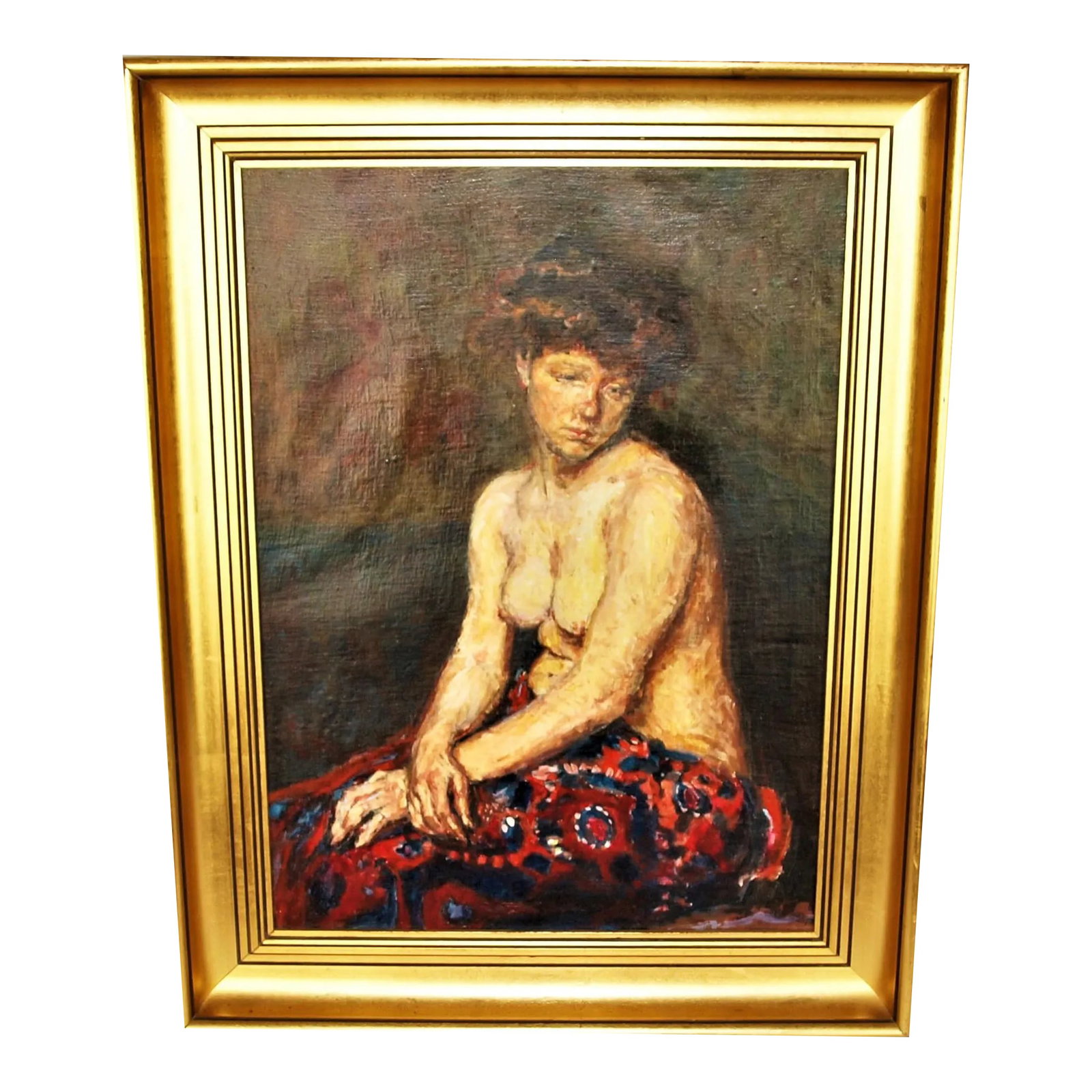 1930s Portrait Oil Painting of a Semi-Nude Woman, Framed: A vintage oil painting of a sitting woman partially nude. Nicely done but unsigned. Framed in a gold gilt frame. Measures overall 23 1/2" x 18 1/4", painting 19 1/4" x 14". Good condition no damage;