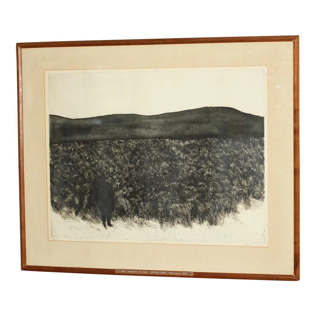 Gerson Leiber Signed "Shepherd and Flock" Etching Aquatint Framed: Gerson leiber- ''shepherd and flock etching and aquatint, 1961, signed and titled in pencil 17 3/4 x 23 1/2'' without frame museum framed and displayed smoke free/pet free home Condition: