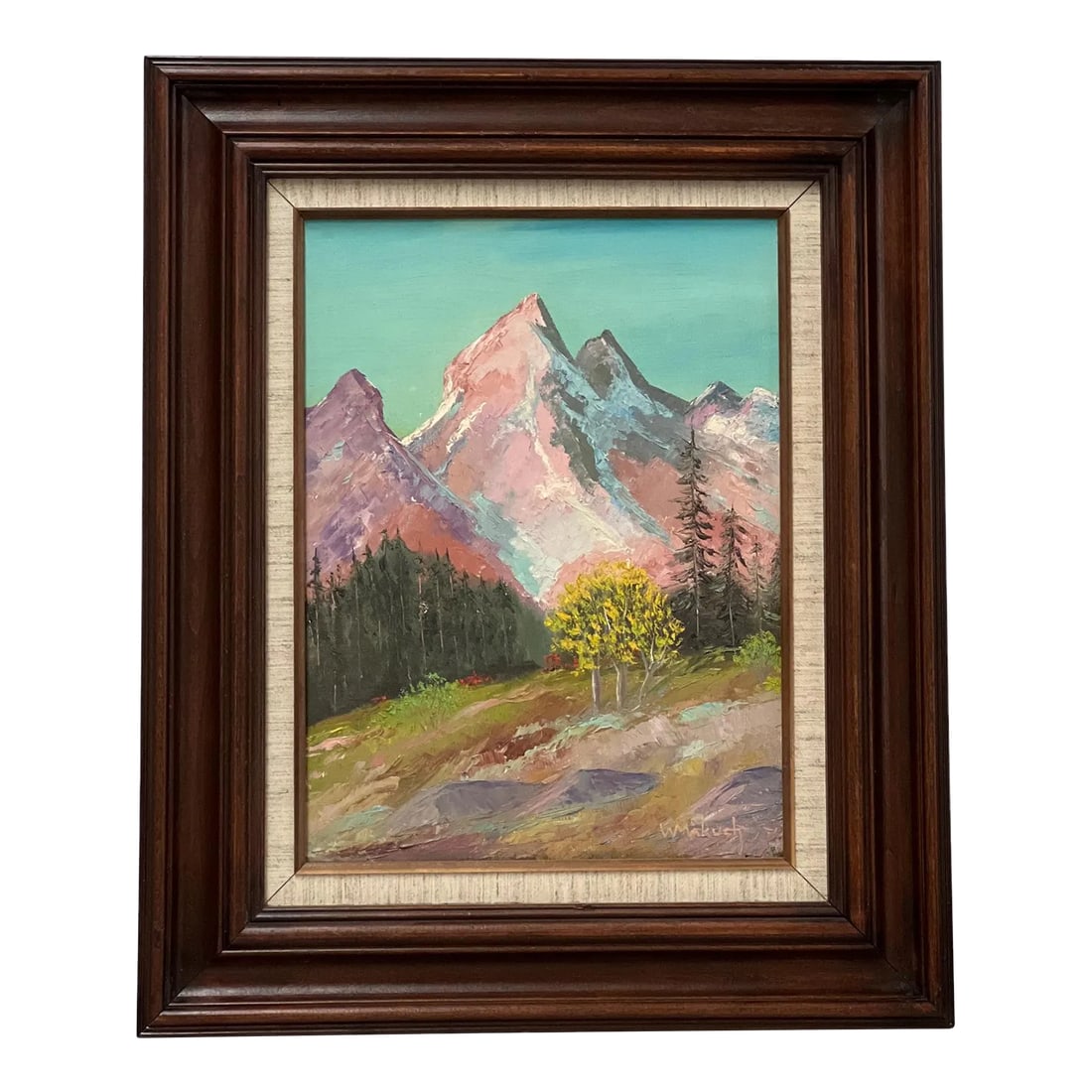 Vintage Framed Painting on Canvas Dt 1987. There Is Artist Note on the Back Titling the Piece ' Sunr: Vintage Framed Painting on Canvas Dt 1987. There is Artist Note on the Back titling the Piece ' Sunrise on the Tetons' and Signed by W.S Makuch. Dimensions. 19 1/2 W ; 1 1/4 D ; 23 1/2 H Condition: