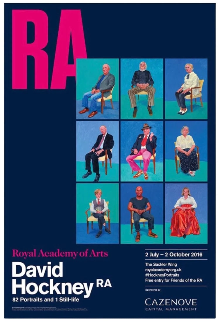 David Hockney Original Exhibition Lithograph Poster "82 Portraits and 1 Still-Life" Royal Academy of: Original, Out-of-Print, David Hockney Exhibition Poster Lithograph, Royal Academy of Arts, London, 2016. This spectacular lithograph includes a montage of his iconic, vividly colored, personal and