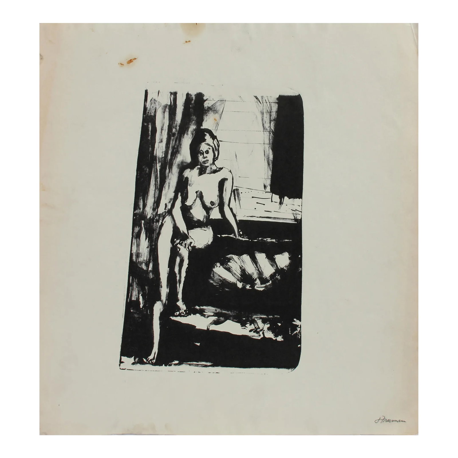 Nude Model Posing 1970s Lithograph: This 1970s lithograph on paper posing nude model scene is by San Francisco painter Jack Freeman (1938-2014). Freeman studied at the High Museum of Art in Atlanta, landscape and figure drawing with Osk