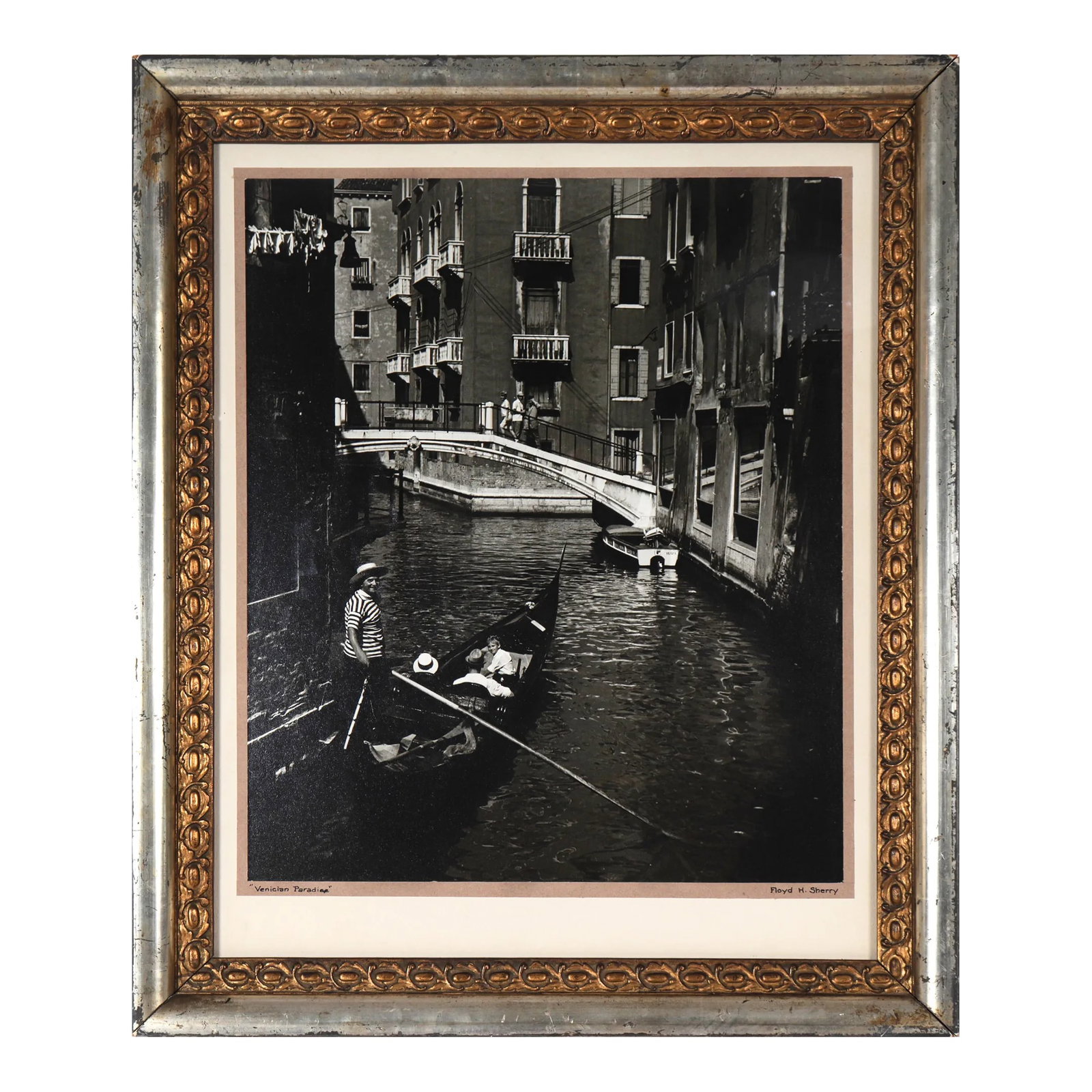 Venetian Paradise 20th Century Photograph: Entitled Venetian Paradise, this 20th century black and white photograph on paper is by 1940-70s California photographer, Floyd H. Sherry (1905-1992). His work is in the permanent collection of the