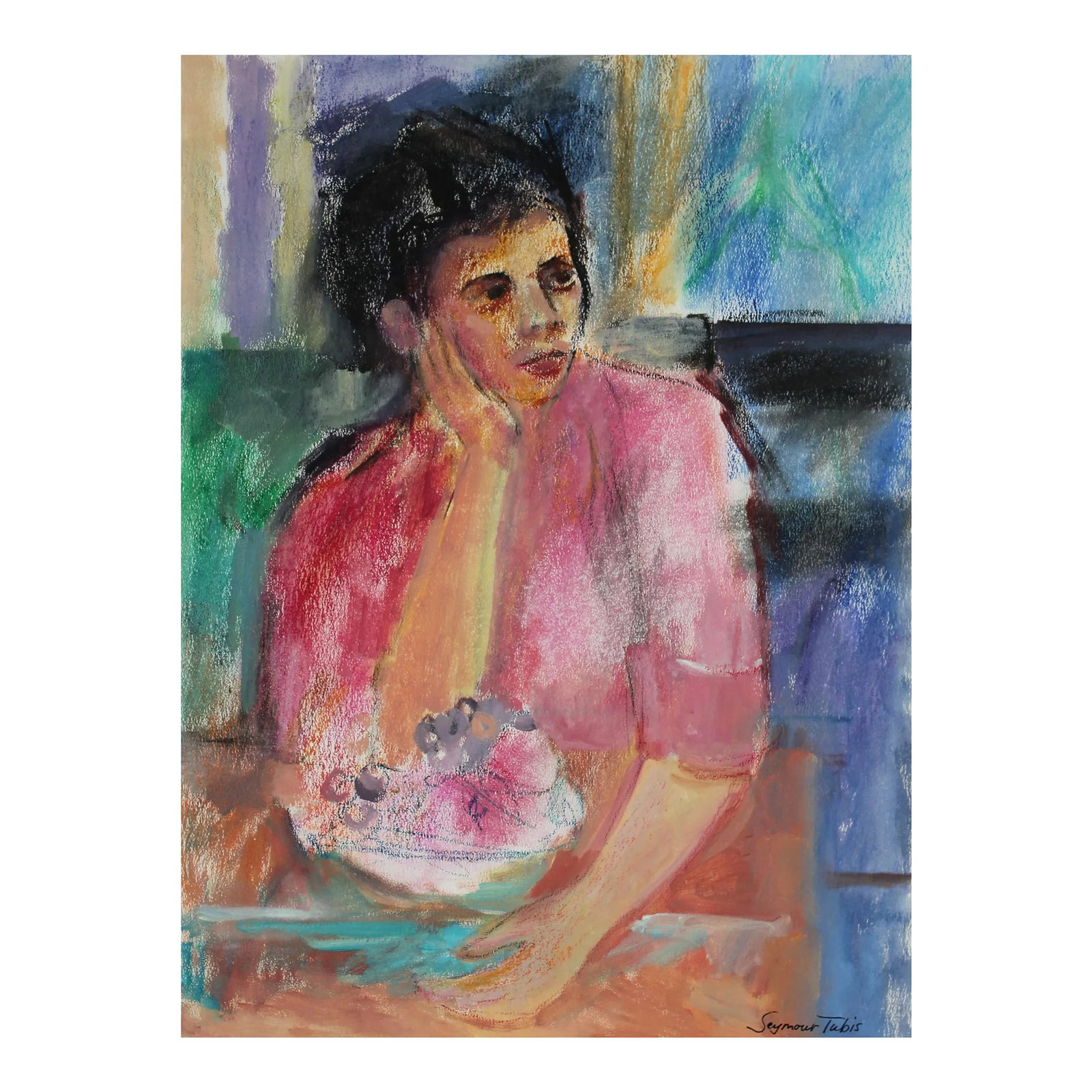 Seated Expressionist Portrait of a Woman 20th Century Pastel: This 20th century portrait is by Santa Fe artist Seymour Tubis (1919-1993). Tubis studied at the Art Students League with Hans Hofmann (1946-1949). He exhibited in Paris in 1950 and won praise from