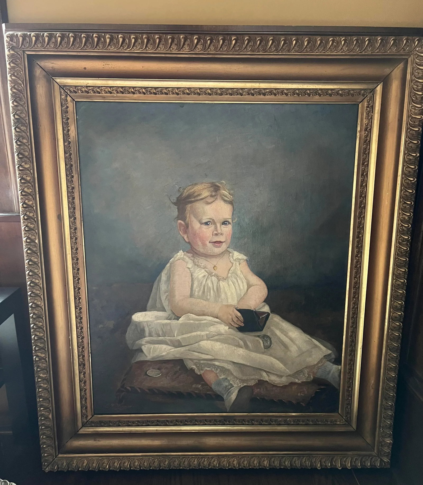 Antique Large 19th Century Portrait Painting of a Child, Framed - 10