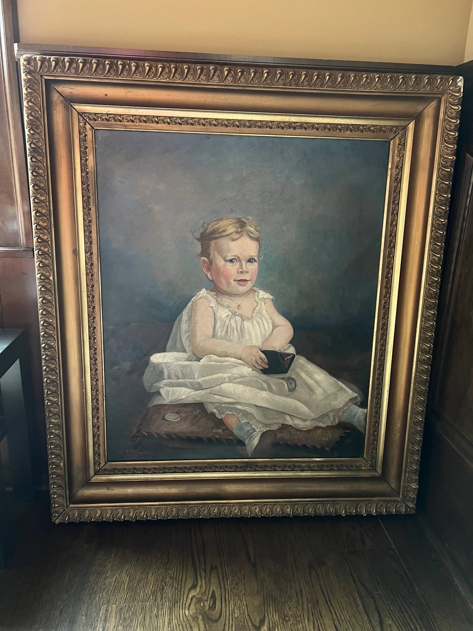 Antique Large 19th Century Portrait Painting of a Child, Framed - 12
