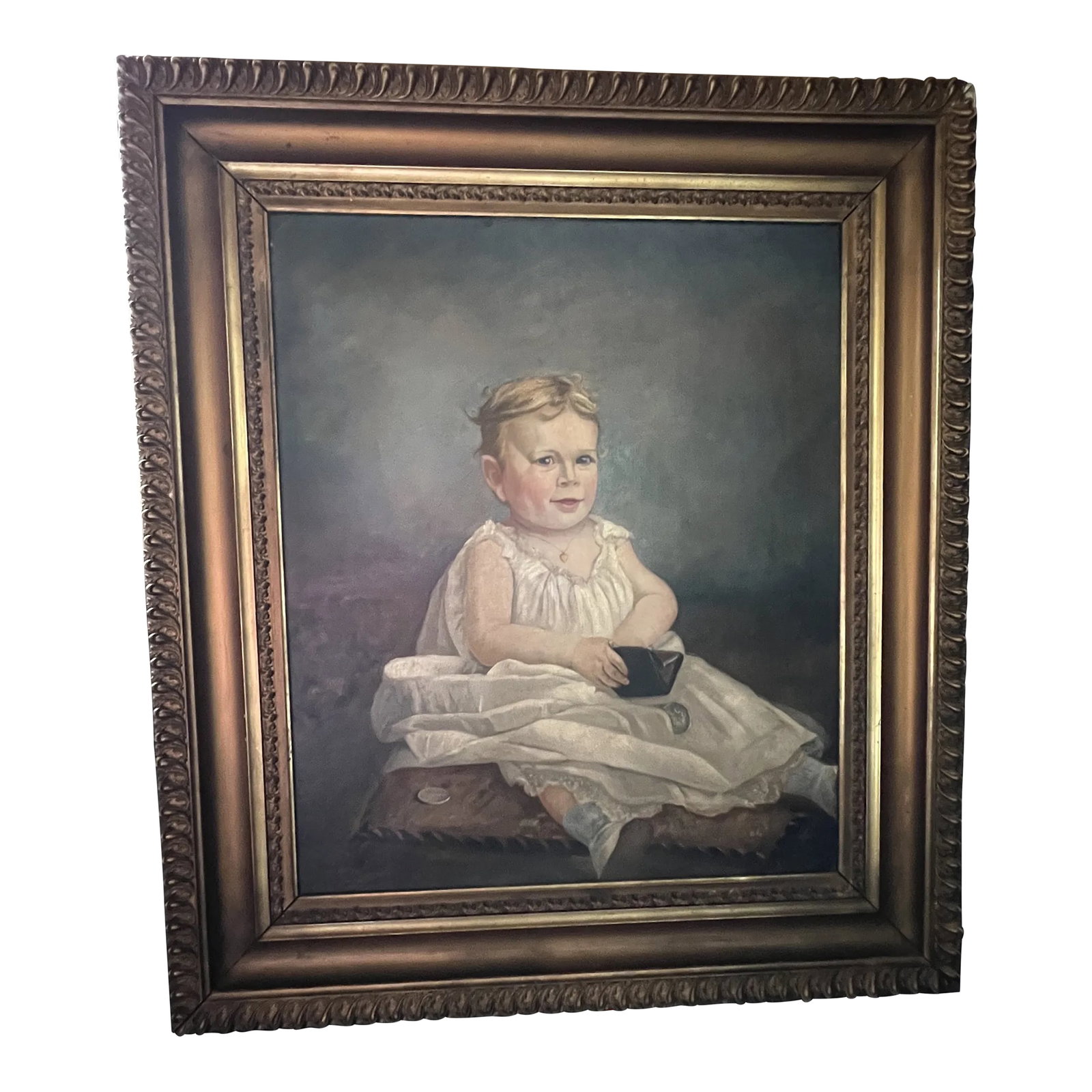 Antique Large 19th Century Portrait Painting of a Child, Framed: Magnificent large portrait painting of a young child. Original ornate wood gold gesso frame. Artist signed as shown. Condition: Alterations: Original Condition Unaltered Imperfections: Some