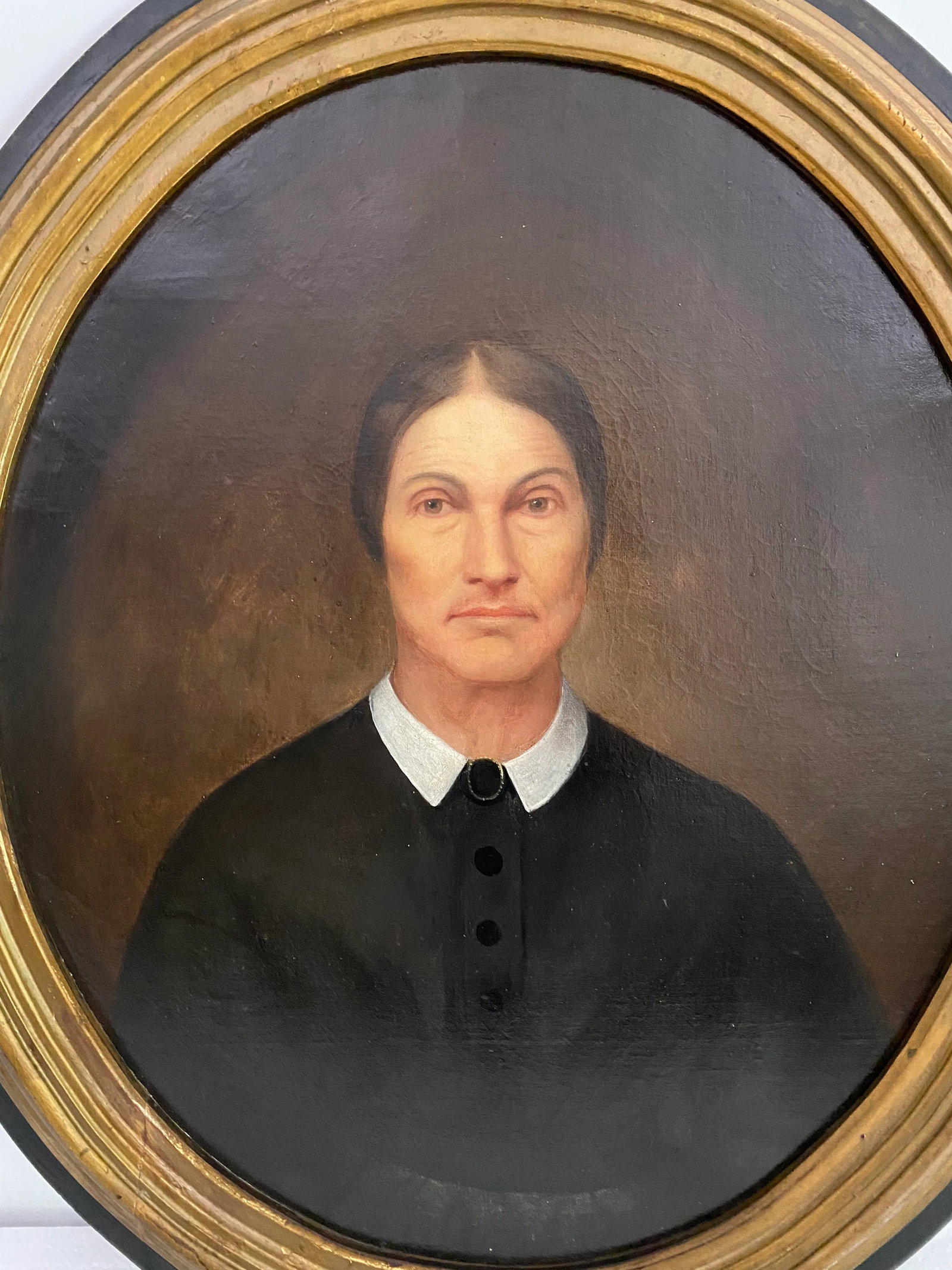 Antique Oval Portrait Oil Painting of Woman in Puritan Dress - 12