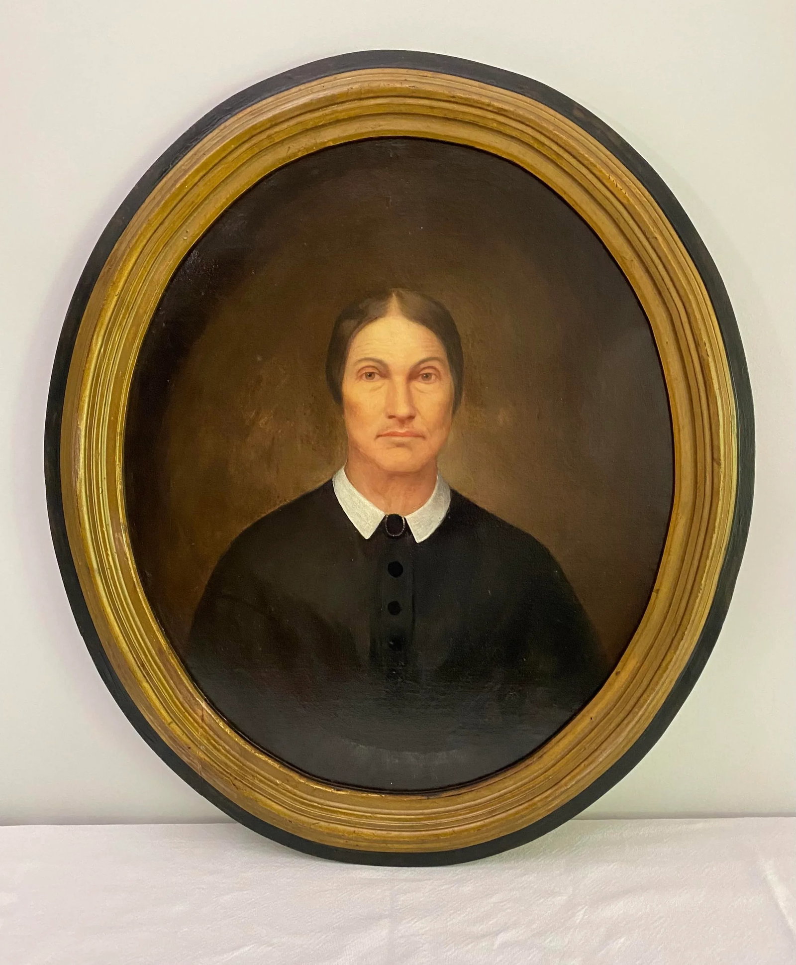 Antique Oval Portrait Oil Painting of Woman in Puritan Dress - 13