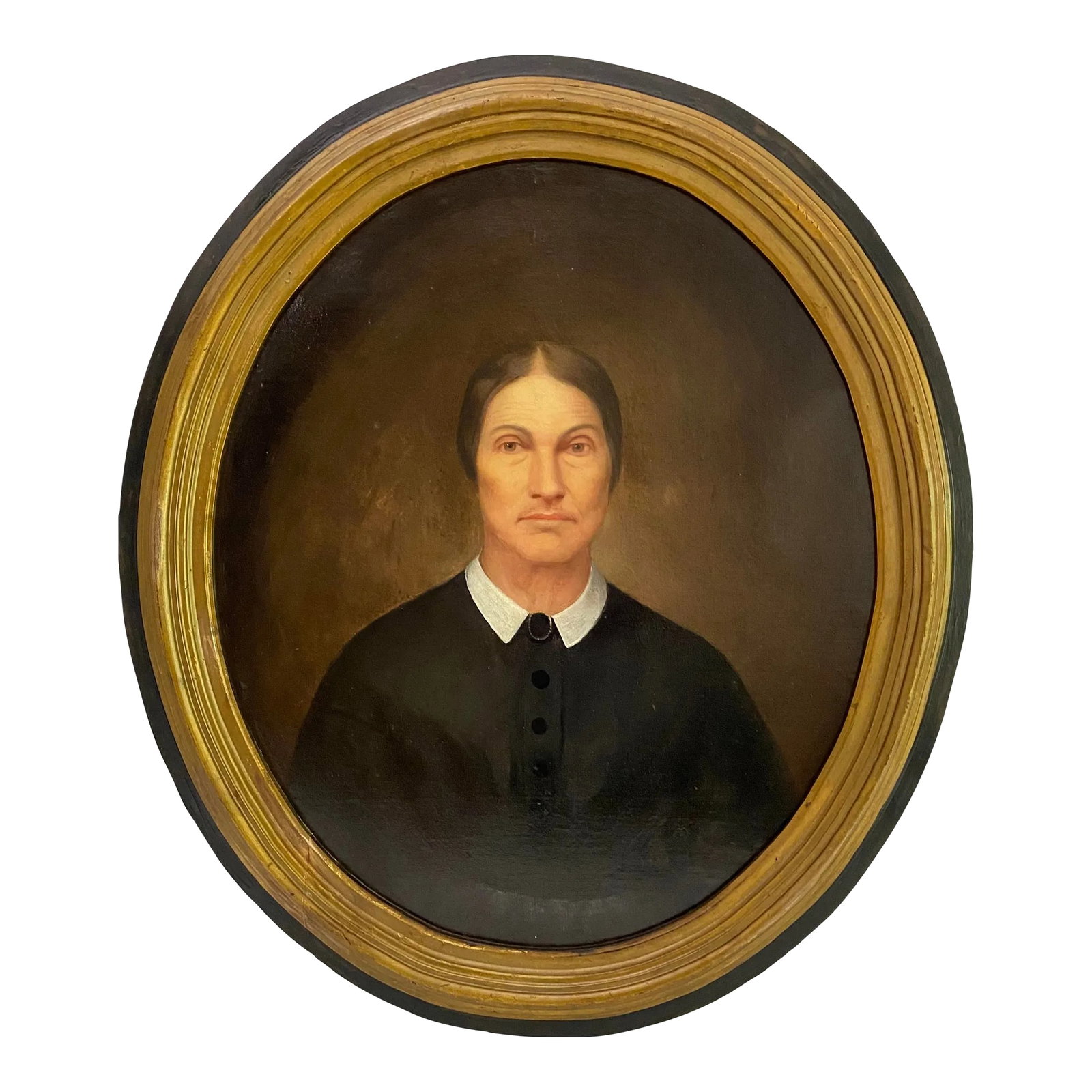 Antique Oval Portrait Oil Painting of Woman in Puritan Dress: Antique oil on canvas oval portrait painting. Subject is an older woman in puritan style dress. Painting is stark and seemingly plain; but has wonderful attention to detail. Expertly executed. Comes