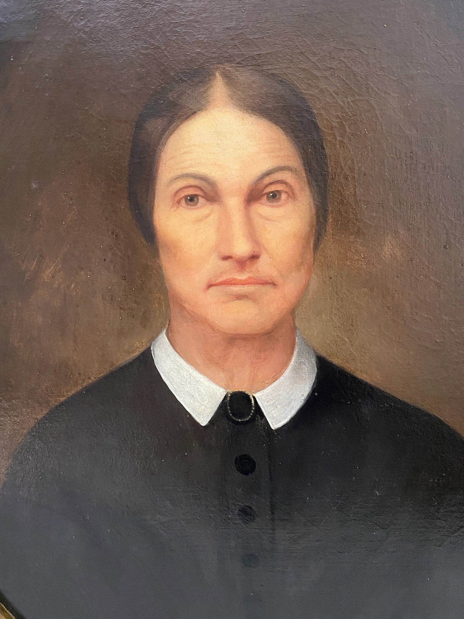 Antique Oval Portrait Oil Painting of Woman in Puritan Dress - 2
