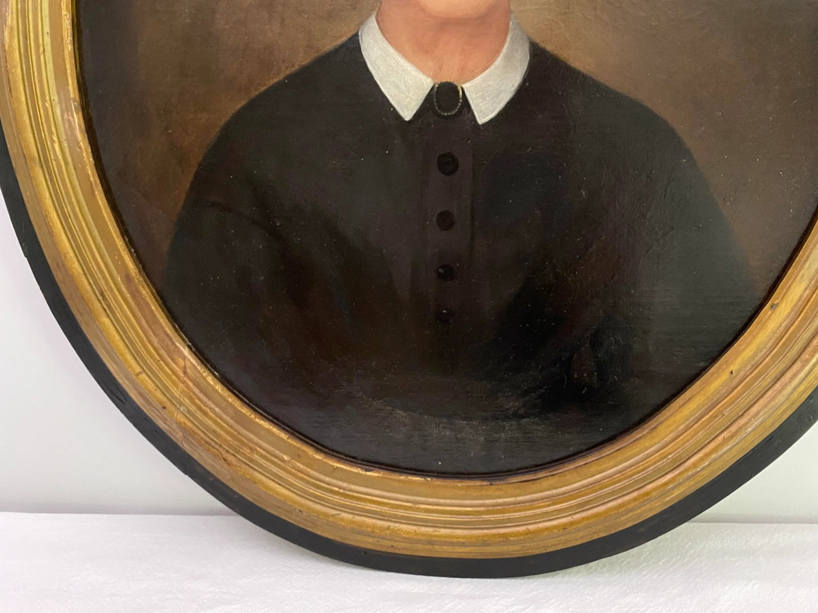 Antique Oval Portrait Oil Painting of Woman in Puritan Dress - 5