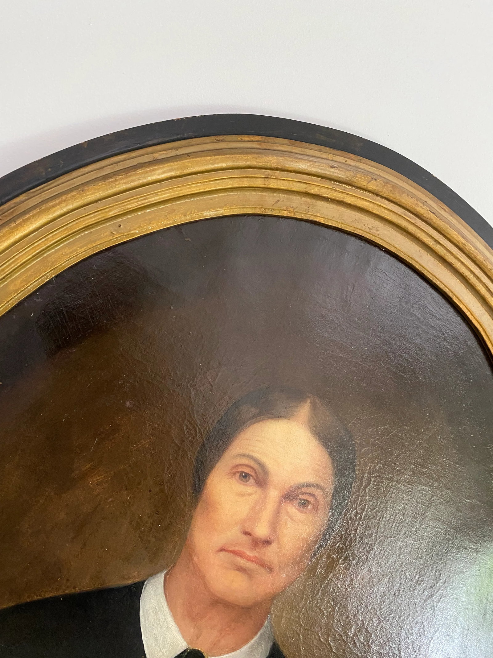 Antique Oval Portrait Oil Painting of Woman in Puritan Dress - 8