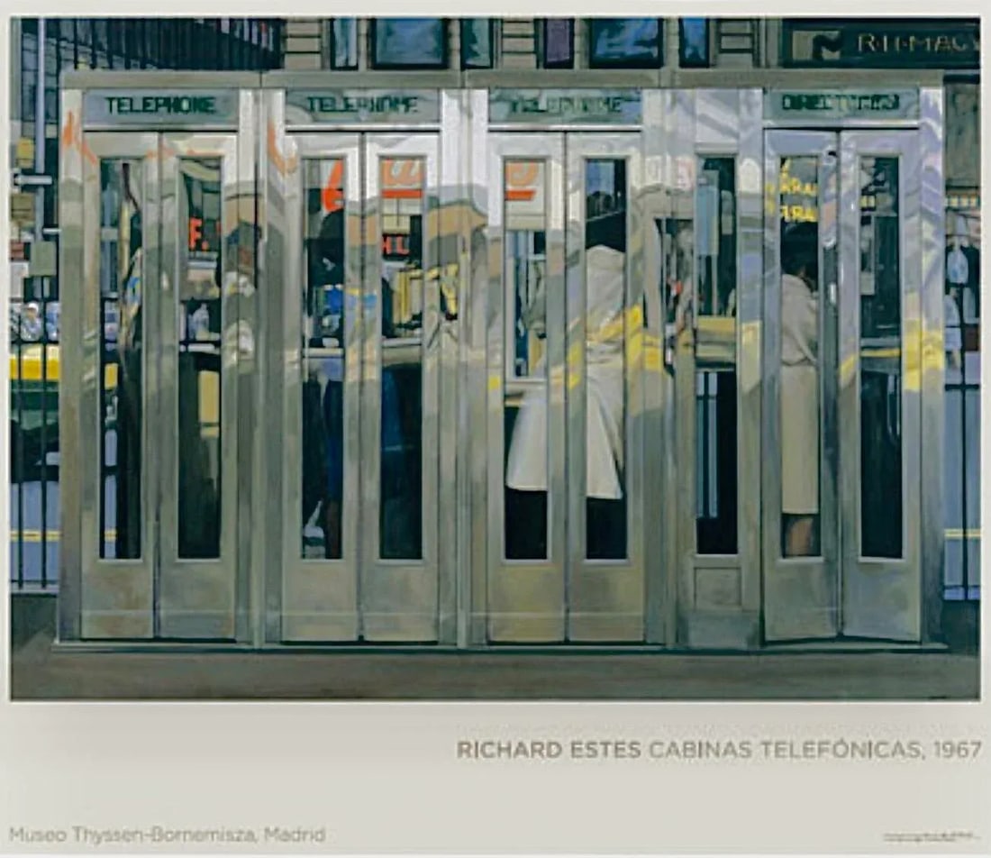 Richard Estes Photorealism 2007 Exhibition Lithograph Telephone Booths New York City, 1967. Spain: Original 2007 Richard Estes Museum Exhibition Lithograph Poster "Telephone Booths" 1967 New York City. Published by the exhibition's host, the Thyssen-Bornemisza Museum, Madrid, Spain, in partnership 