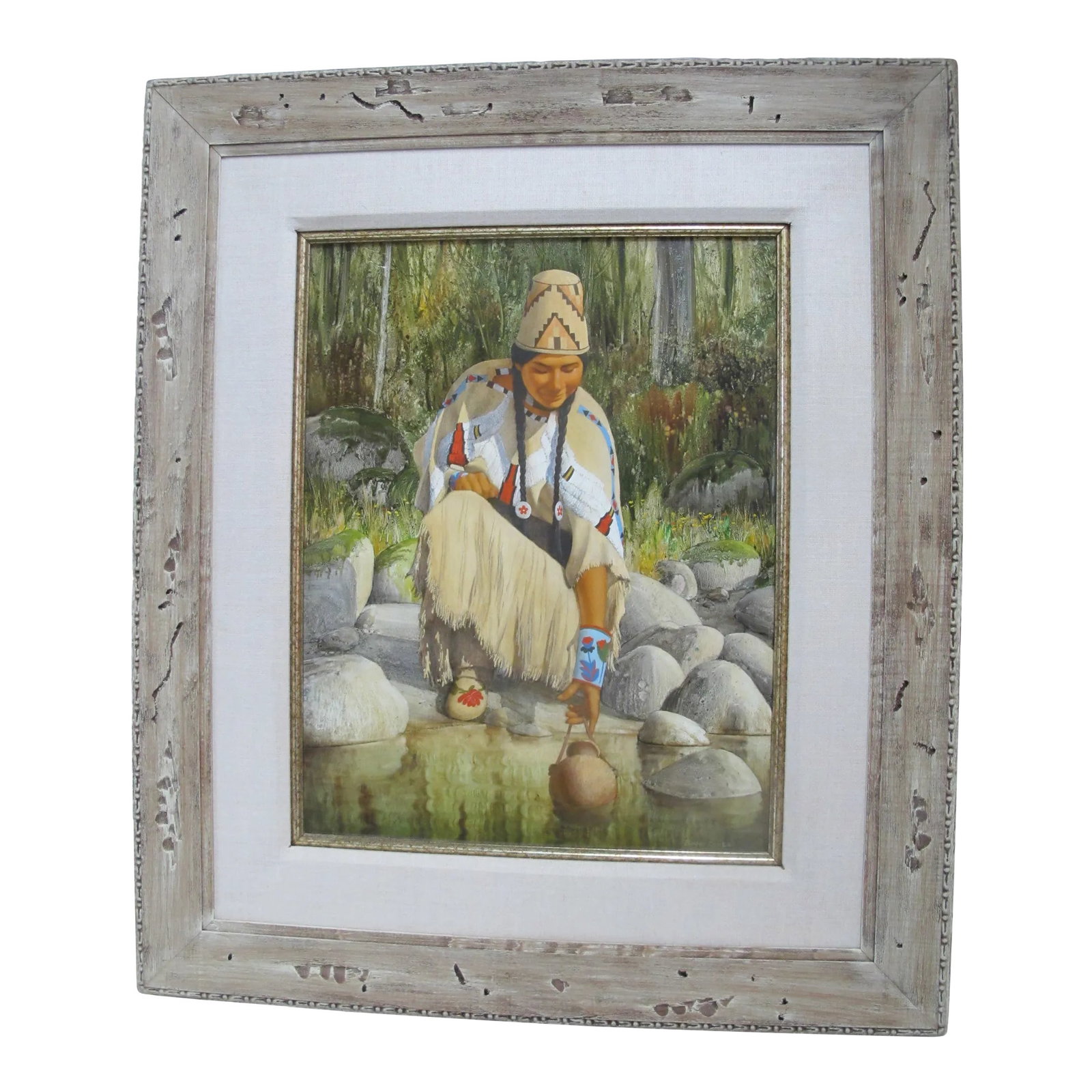 Roger Cooke Pacific Nw Signed Framed Native American Oil Painting River Woman: Portland, Oregon artist, Roger Cooke (1941-2012) - framed oil painting on board "River Woman" - Rustic wood frame measures 28" x 24", painting measures 18" x 14". Note: Item was purchased from the