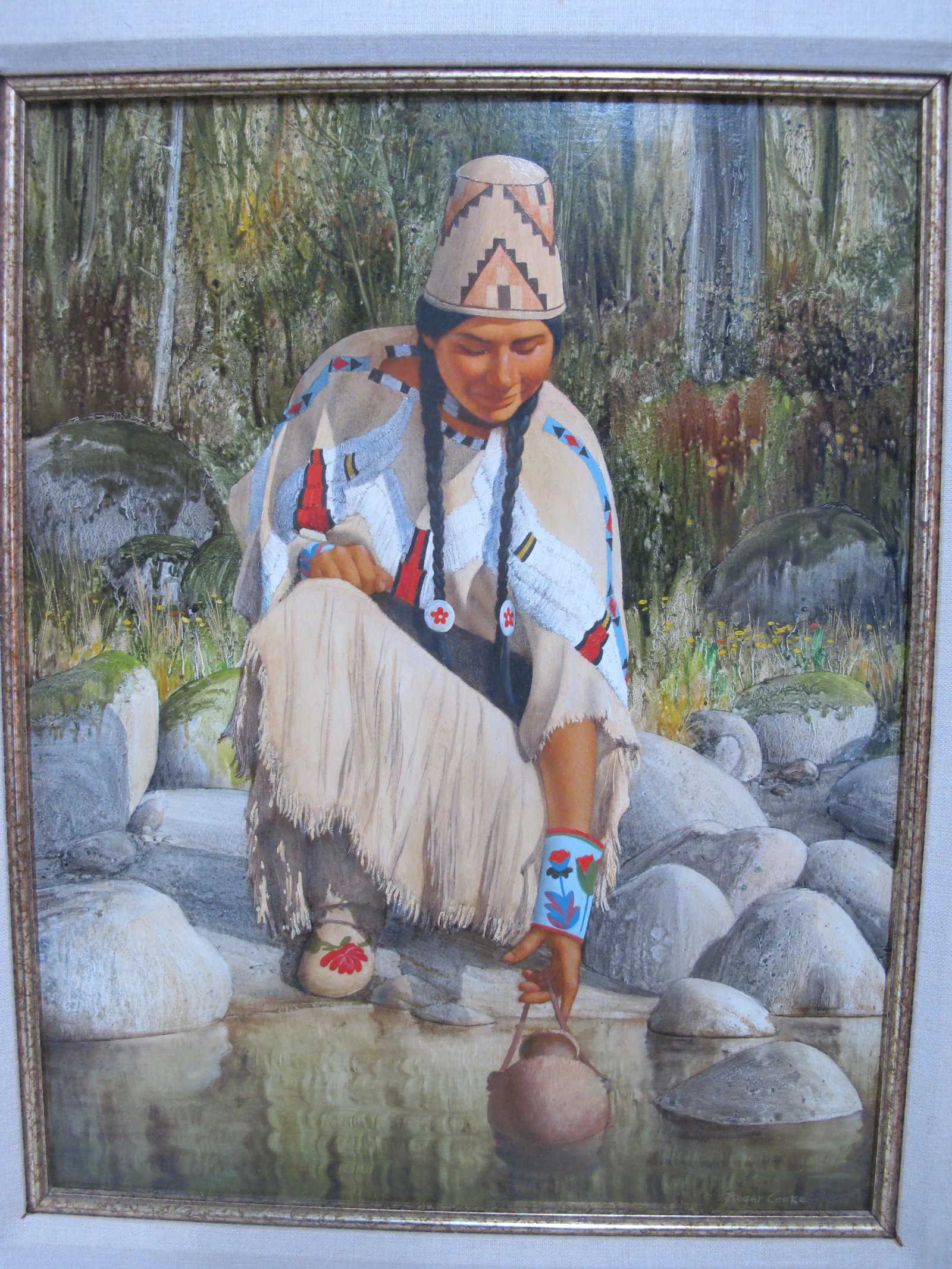 Roger Cooke Pacific Nw Signed Framed Native American Oil Painting River Woman - 7