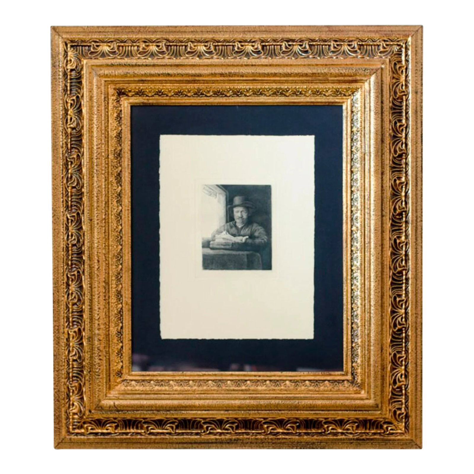 1800's Black & White Original Etching "Self Portrait Drawing At a Window" by Parisian Artist Amand-D: An amazing work of art in dedication to Rembrandt by Parisian artist Amand -Durand (1831-1905) titled "Self Portrait Drawing At a Window." Encased in a frame under glass, this etching comes with a cer