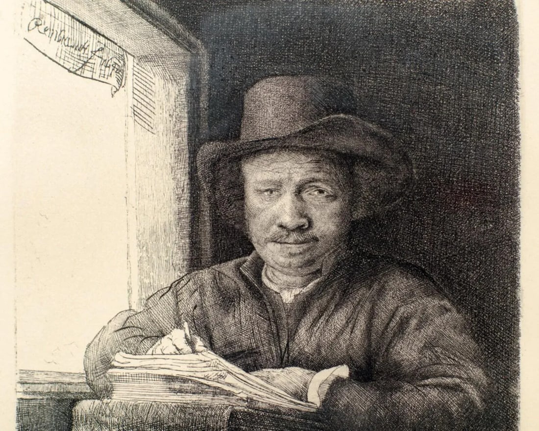 1800's Black & White Original Etching "Self Portrait Drawing At a Window" by Parisian Artist Amand-D - 2