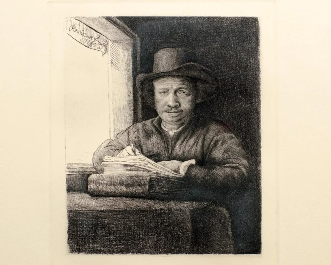 1800's Black & White Original Etching "Self Portrait Drawing At a Window" by Parisian Artist Amand-D - 3