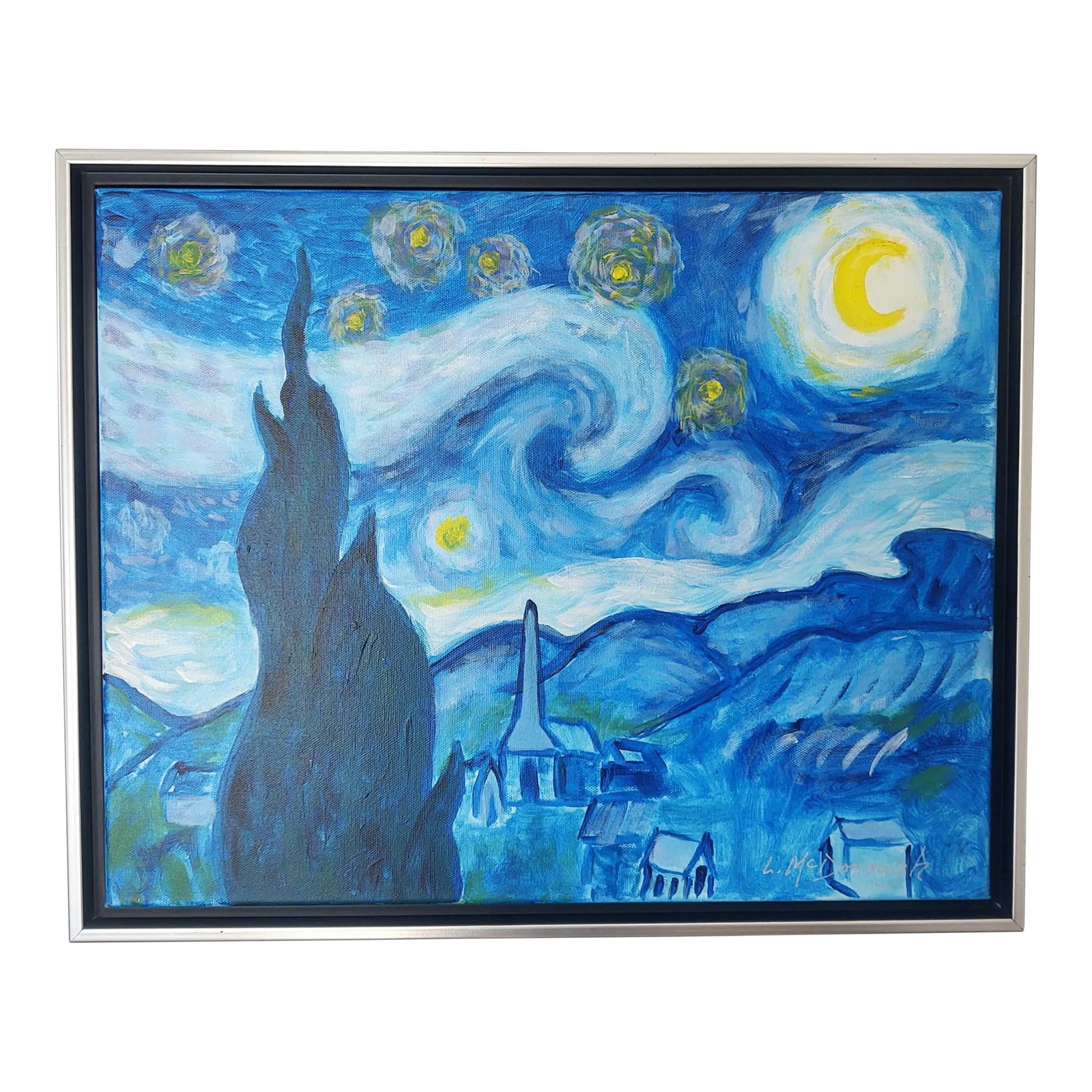 "A Tribute to Van Gogh's Starry Night" Contemporary Post-Impressionist Landscape Painting by Linda M: "Starry Night Fun" is a loose rendering of Vincent Van Gogh's 1889 painting Starry Night. Painted in acrylic by Linda McDonough, set in a solid wood Illusions floater frame, UV matte varnished, wired 