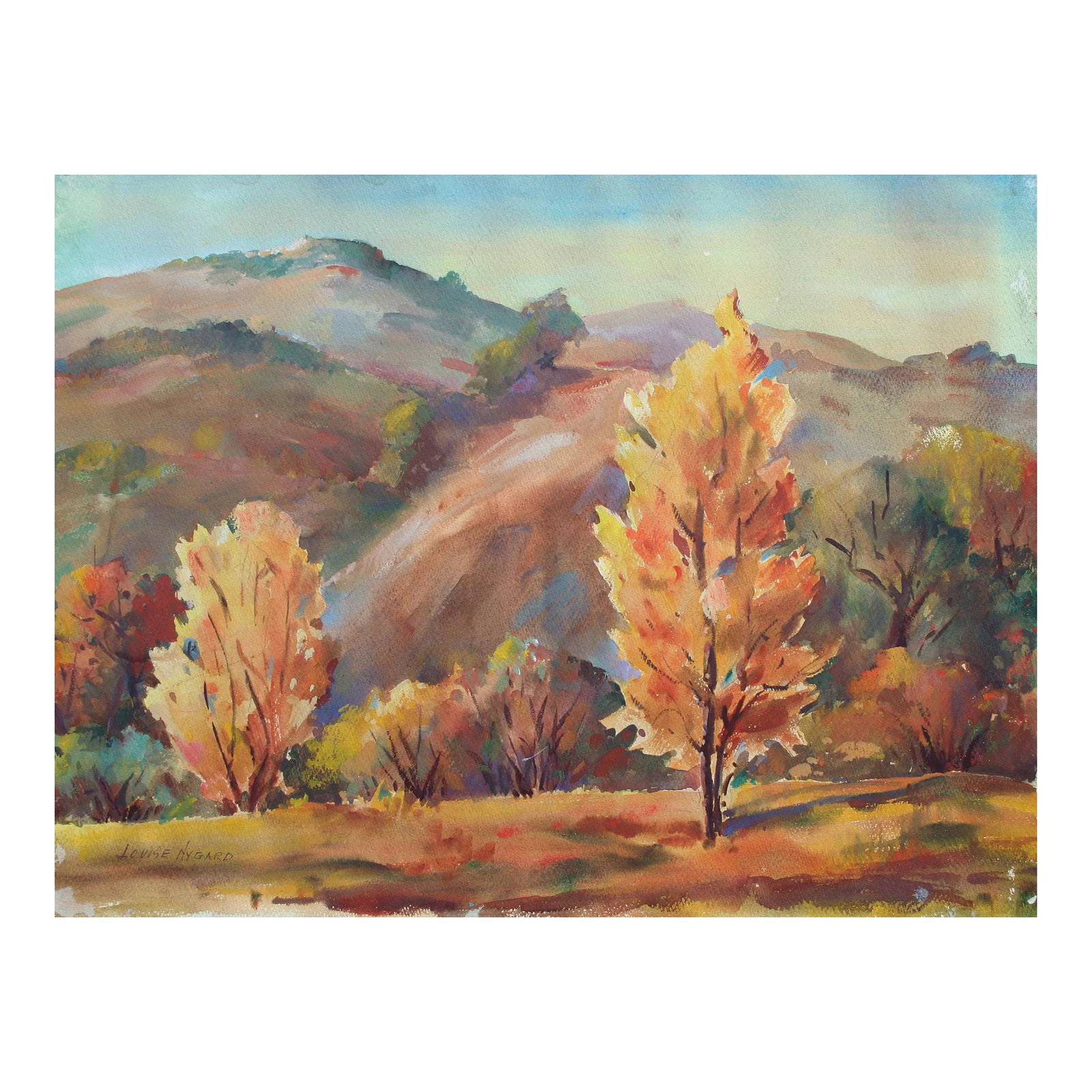 1970s Mid-Century Santa Cruz Mountains Autumn Landscape Painting by Louise Nygard: Gorgeous autumnal watercolor of a landscape overlooking the Santa Cruz mountaintops by noted Santa Clara artist Louise Nygard (American, 20th century). Signed "Louise Nygard" lower left. Unframed. Ima