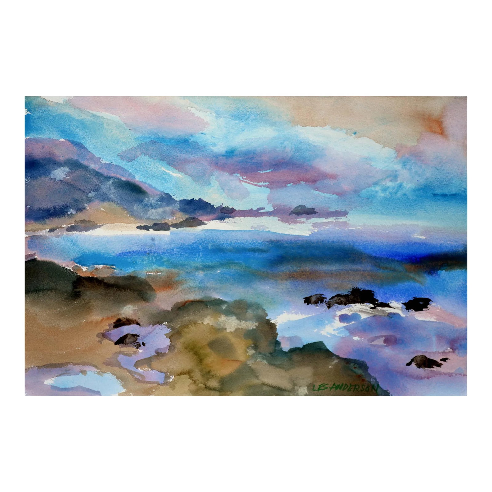 Vintage Sunset Seascape Watercolor Point Lobos, Carmel by Les Anderson: Scenic watercolor seascape of the Point Lobos, Carmel coast at sunset by California artist Les (Leslie Luverne) Anderson (American, 1928-2009). From the estate of Les Anderson in Monterey, California.
