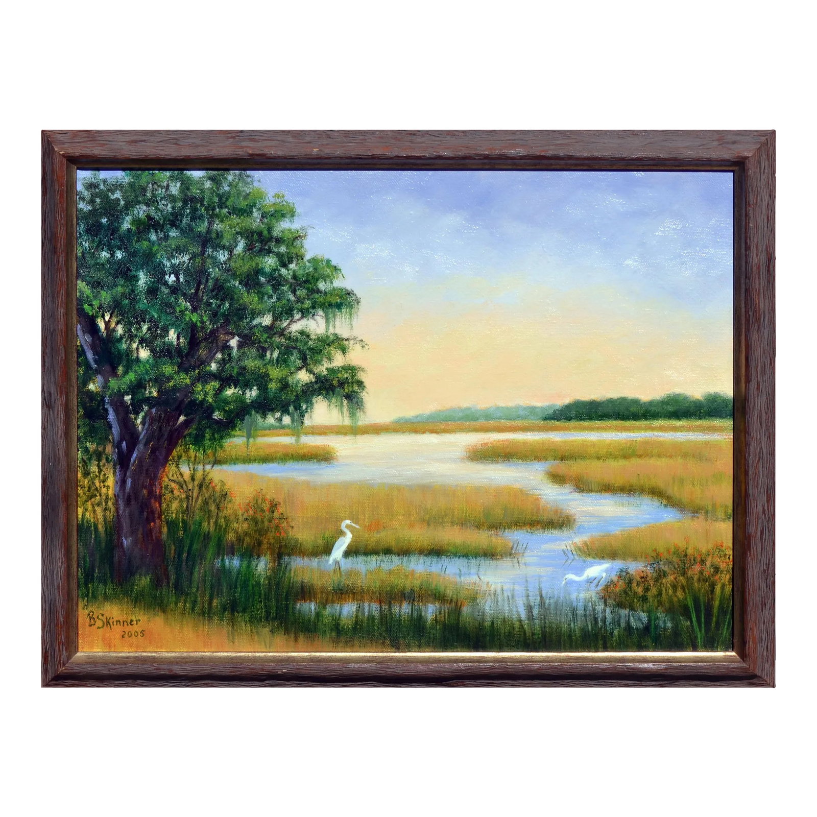 California Wetlands Landscape -- Elkhorn Slew by B. Skinner: Gorgeous oil painting landscape of Elkhorn Slough, Elkhorn, California by B. Skinner (American, 20th Century). Signed "B. Skinner" and dated 2005 lower left. Presented in a wooden frame. Image size,